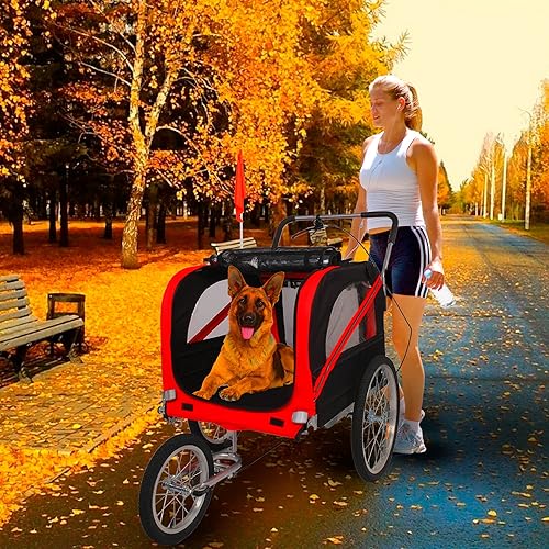 Miniatura 6 de Carrito de remolque de bicicleta para perros, 2 en 1, para mascotas, para viajes, con reflectores, freno de estacionamiento, acoplador universal de