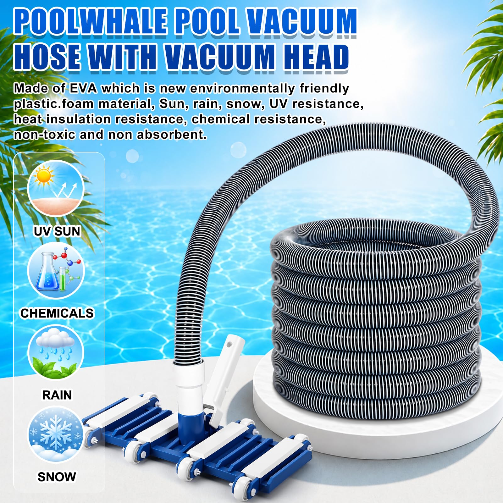 Kit d'aspirateur de piscine 5 pièces comprenant un tuyau de 2,5 à 1,3 cm x 9 m avec tête d'aspiration à roue pivotante, un poteau réglable, une brosse de 44,5 cm et un filet d'écumoire pour