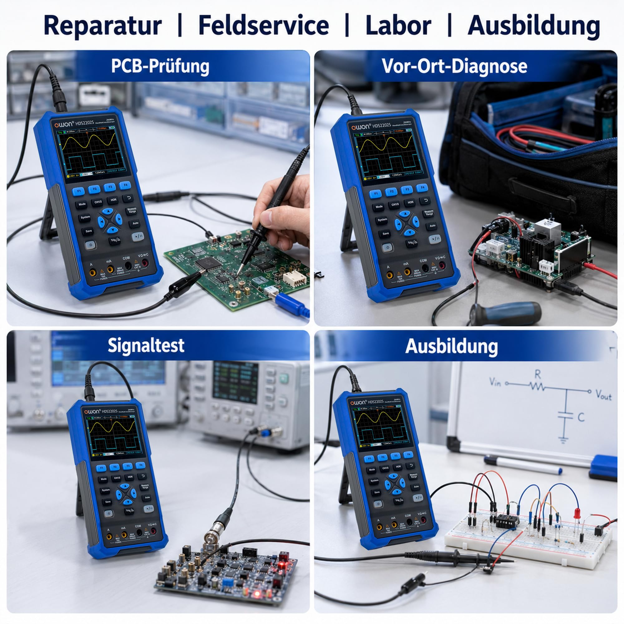 HDS2202S OWON Oszilloskop 3 in 1 Handoszilloskop 200MHz Bandbreite 1GS/s Abtastrate + 4 1/2 Stellen Multimeter+ 25MHz Signalgenerator 3,5" LCD mit einstellbarer Helligkeit