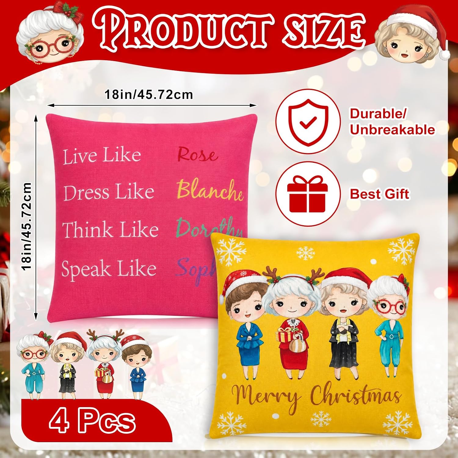 4 Pcs 18x18 inch Girls Gifts Christmas Pillow Covers