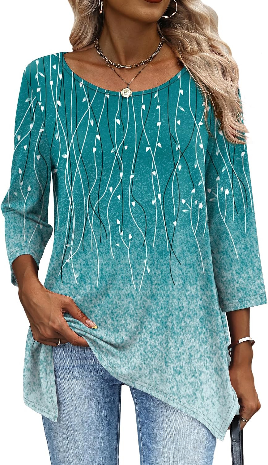 AKEWEI 3/4 Length Sleeve Womens Tunic Tops Loose Fit Blouses Dressy Casual Crew Neck Tees S-2XL Blue Wicker 3X-Large thumbnail 2