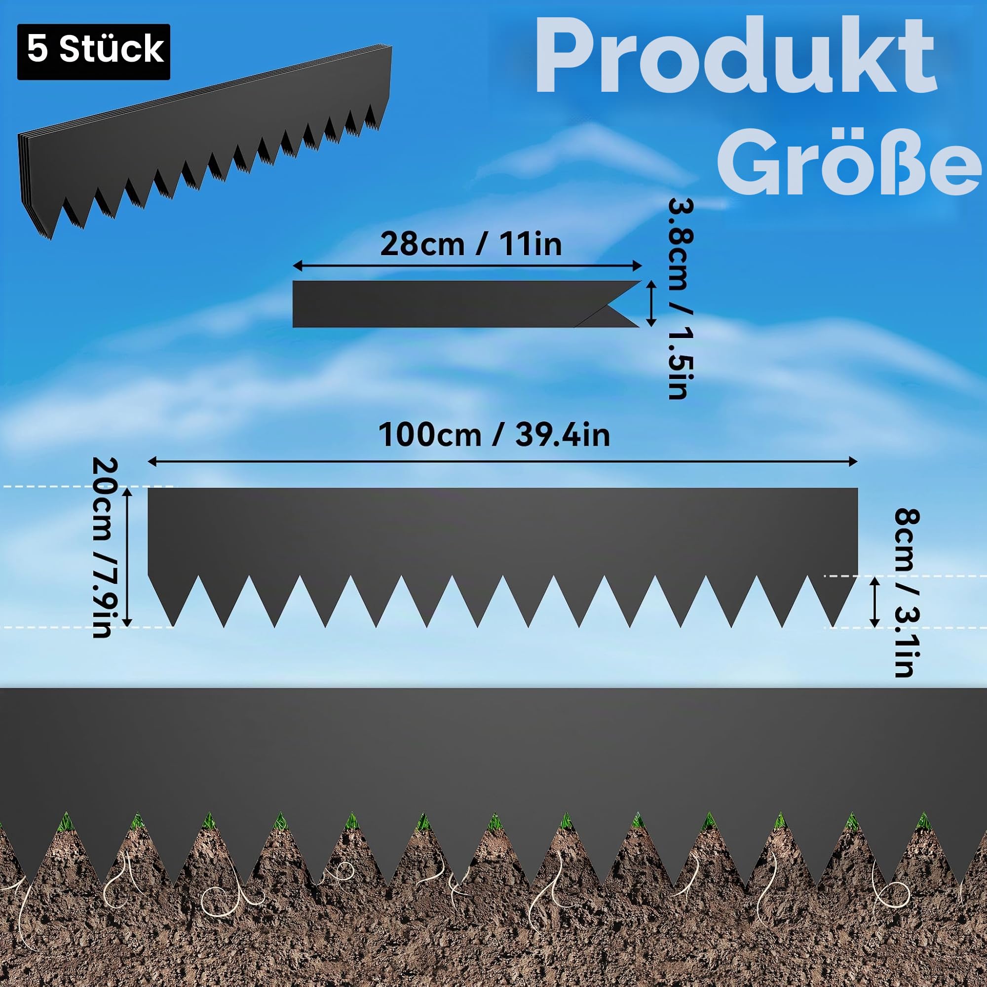 YRHome 10m Verzinkte Metall-Rasenkante – 20cm Höhe Flexible Beetumrandung Rasenkantenband Beeteinfassung wetterfest, rostfrei & mit Clips einfach montierbar für Gärten, Beete, Wege & Rasen Schwarz