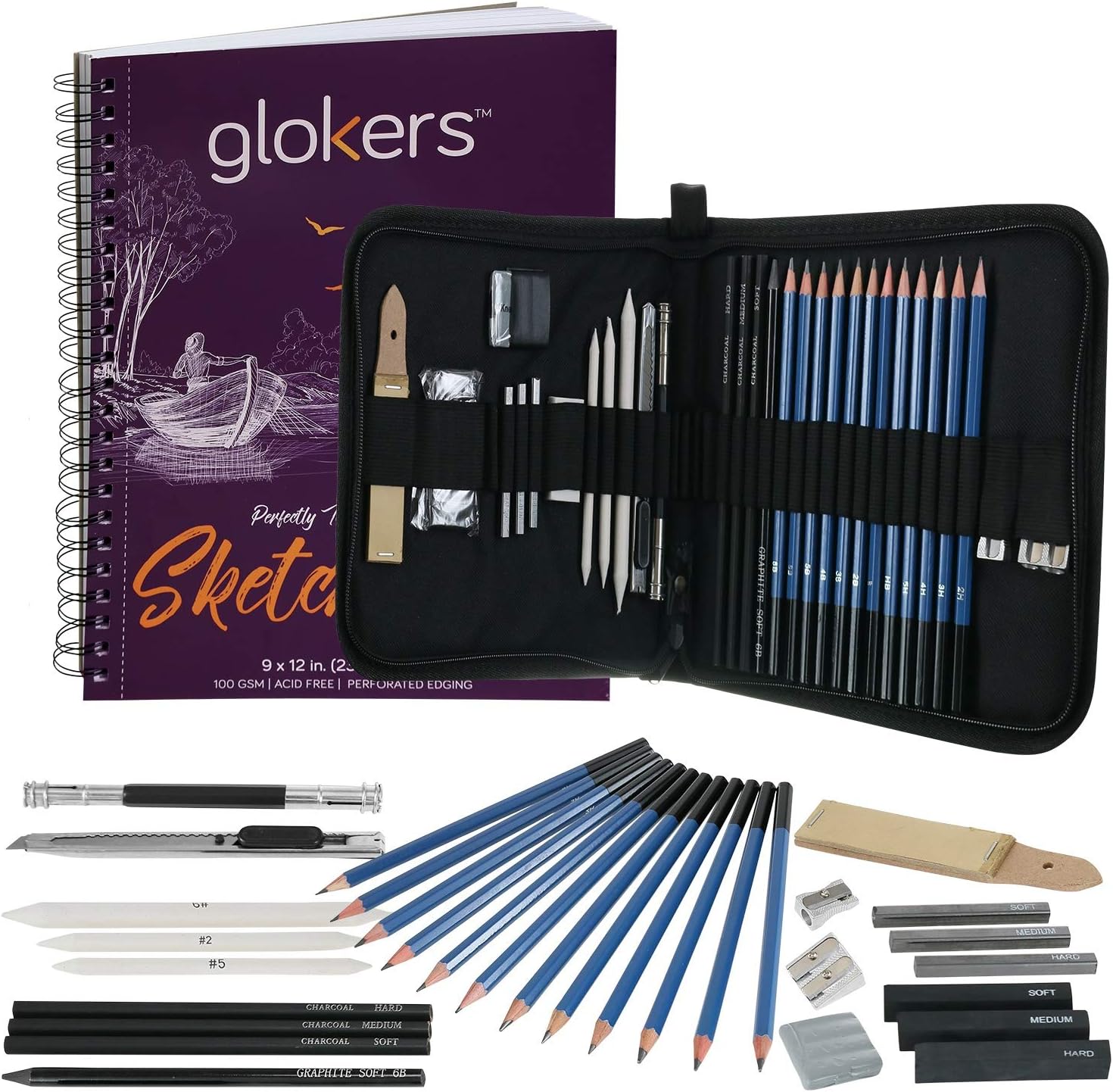 glokers 33 Drawing Sketch Pad, Shading Pencils, Professional Art Supplies, 25 Piece Set, Colorful