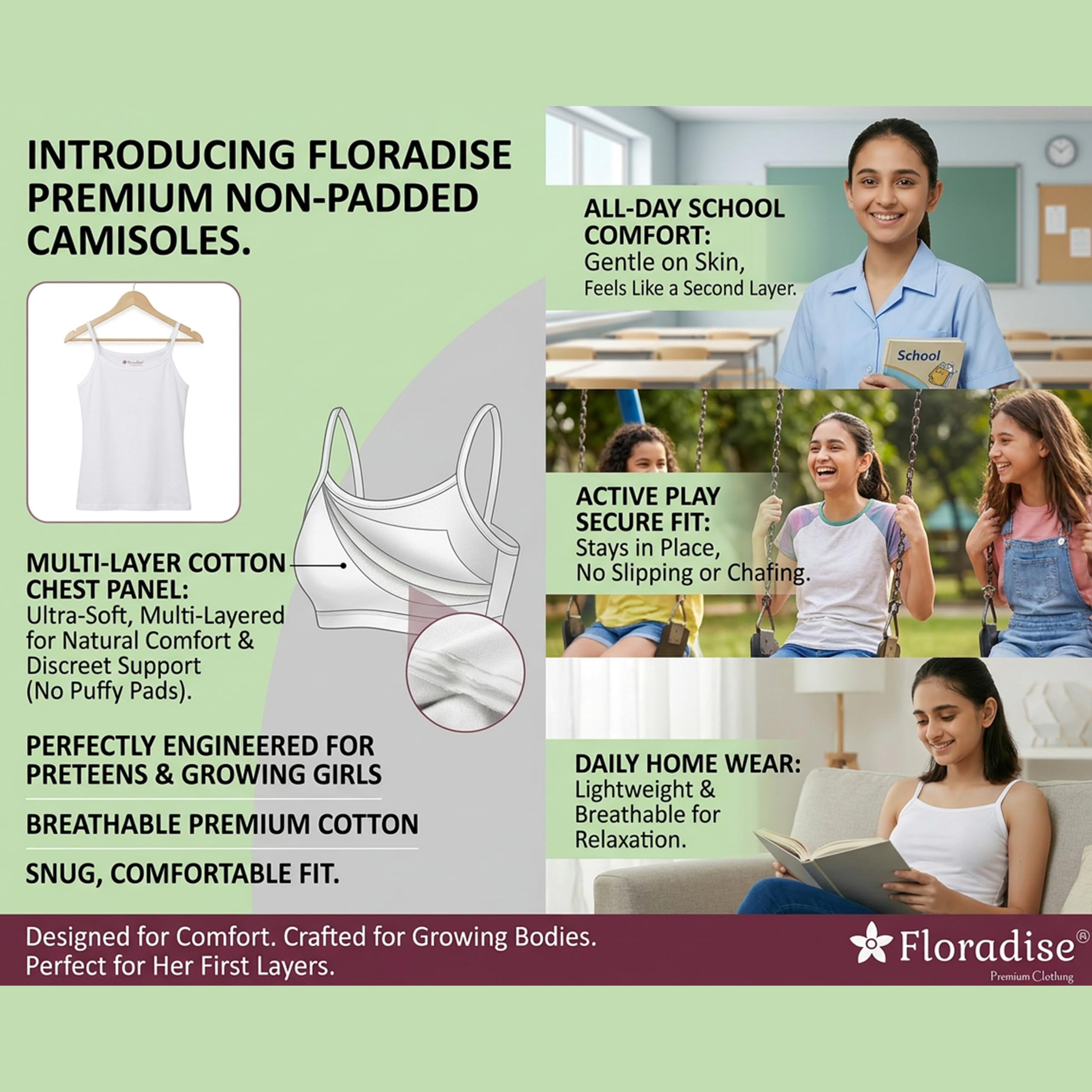 Floradise Puberty Camisole | Slips for Girls | Added Multi-Layer Fabric for Front Coverage | Adjustable Straps | Perfect for School & Daily use (in, Age, 13 Years, 14 Years, Regular, White & White) 3