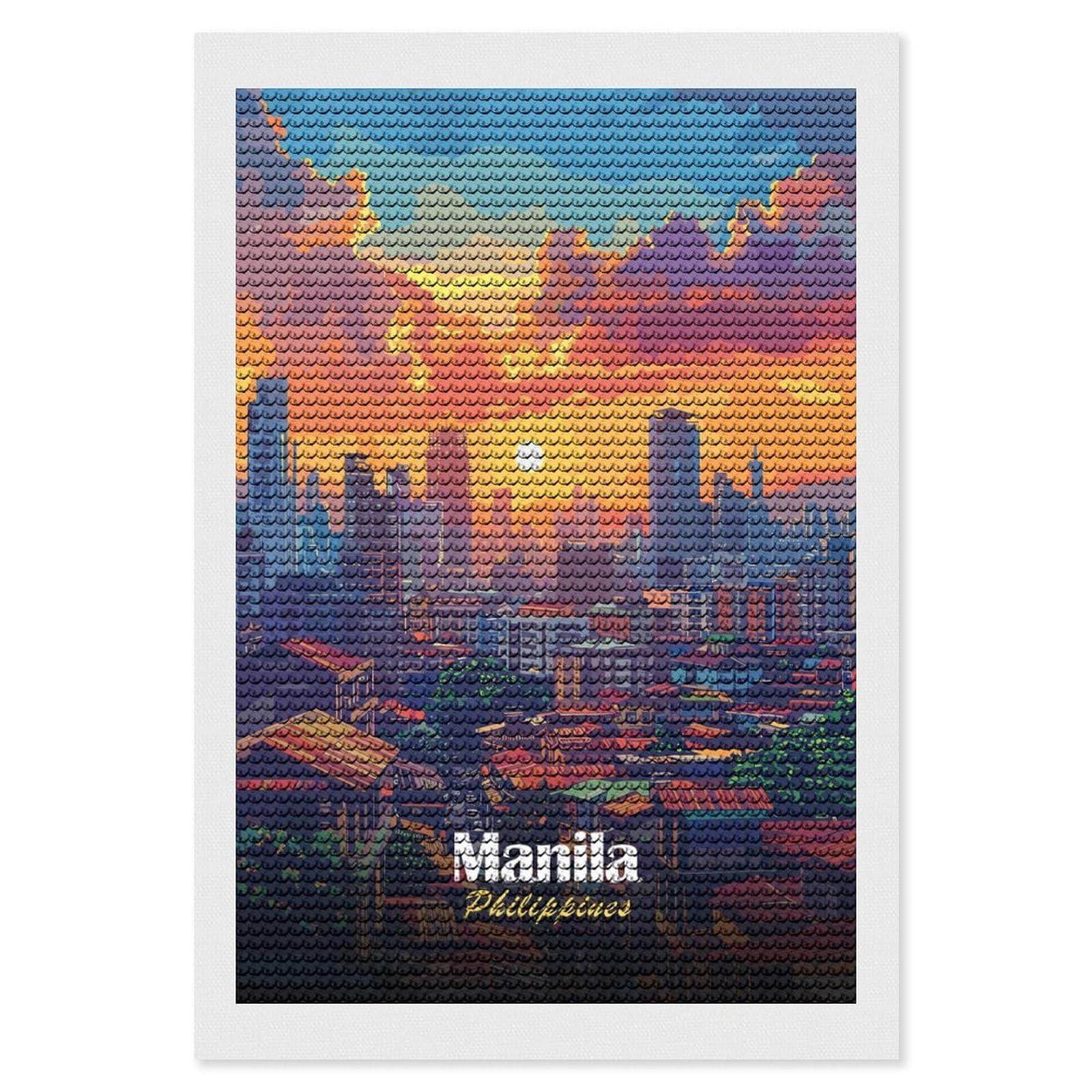 Junmoney Manila Philippines Cityscape at Sunset Round Drill Diamond Painting 8"x12", for Craft Lovers, Stress Relief Craft, Bedroom Decor, Festive Craft Gift