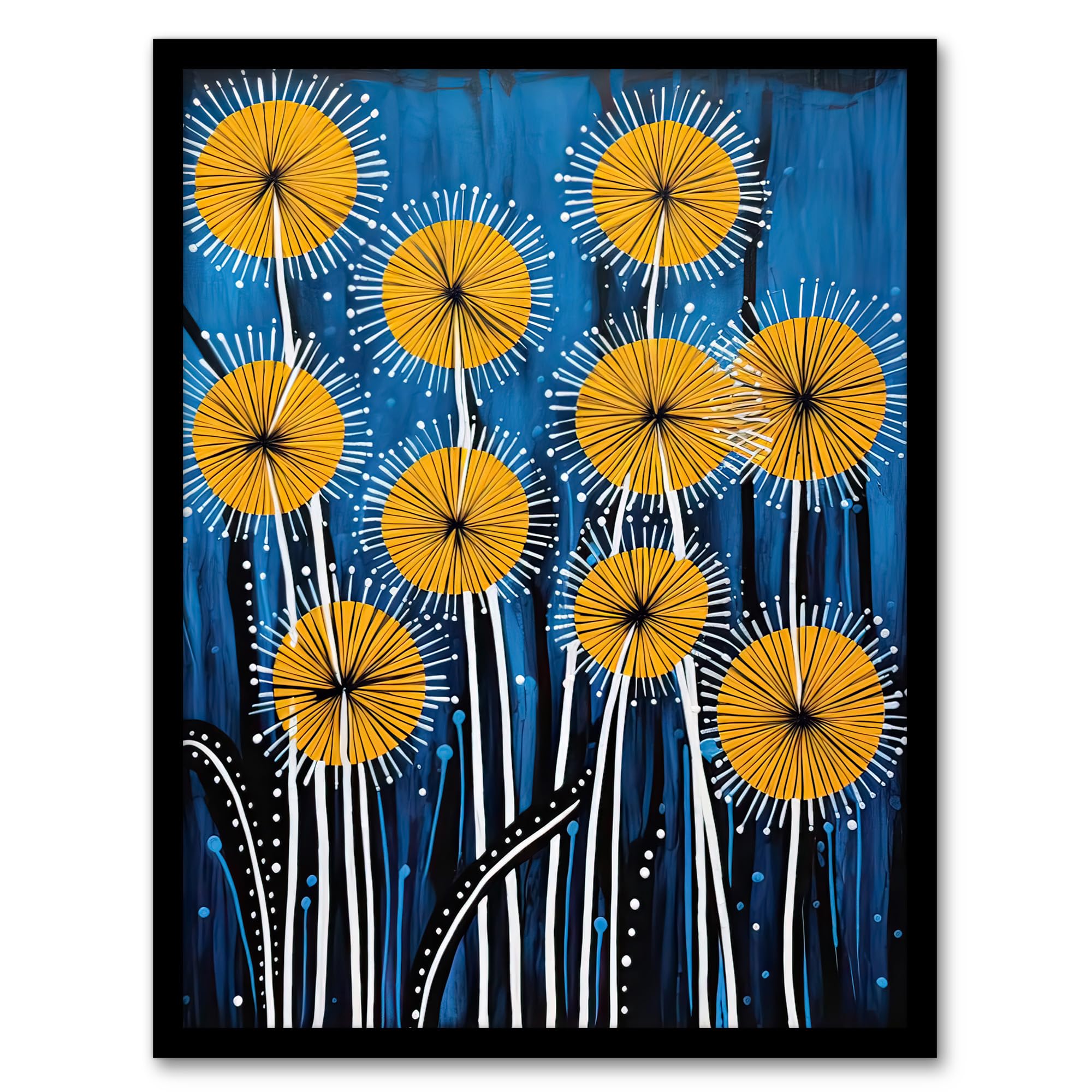 Dandelion Flower Wall Art Print - Abstract Blue Yellow Summer Meadow Pattern - Framed Artwork - A4 Size