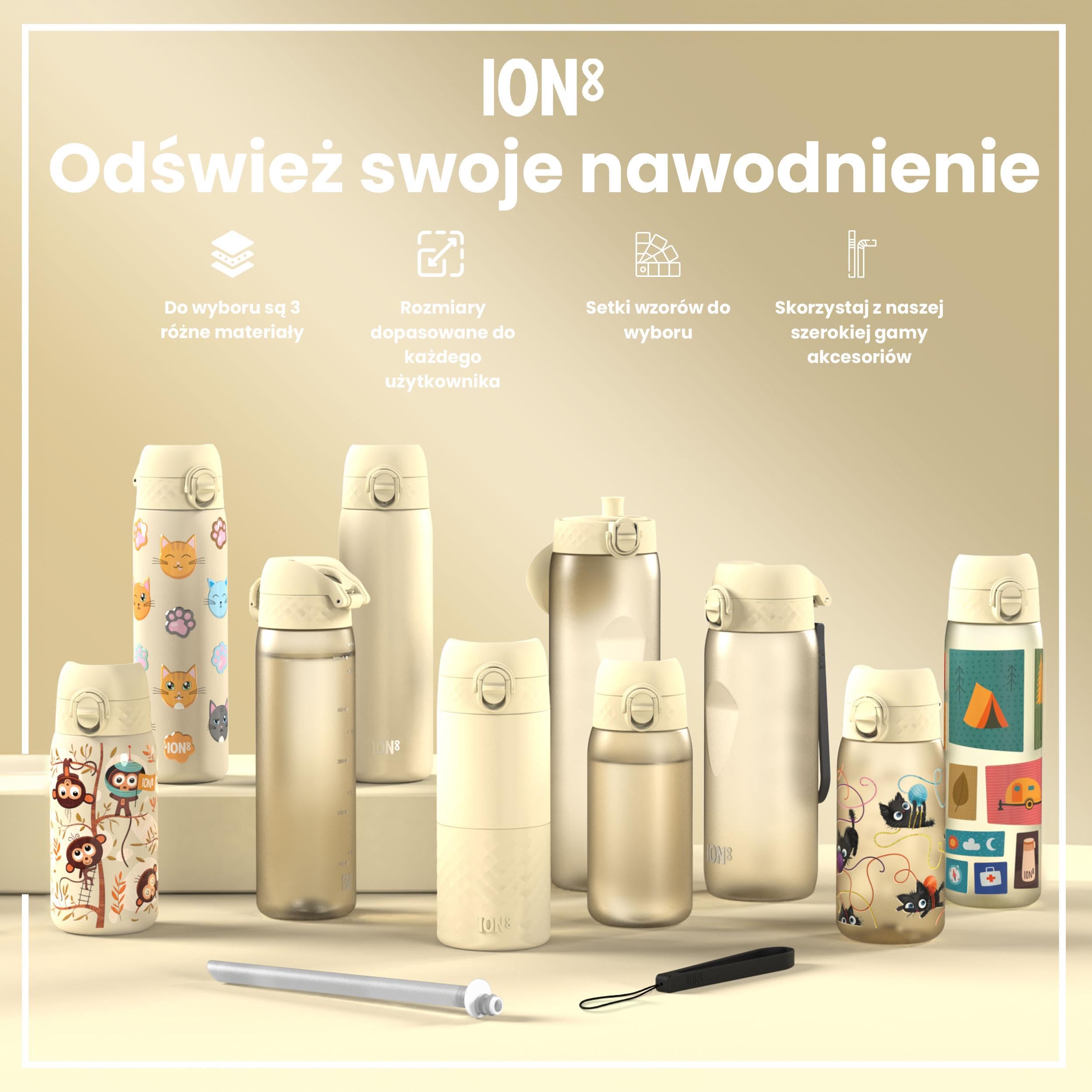 ION8 Butelka na Wodę dla Dzieci ze Lekki Stali, 400 ml/13 oz, Nieocieplany, Szczelna, Łatwa do Otwarcia, Bezpieczny Zamek, Można Myć w Zmywarce, Składany Uchwyt, Łatwa w Czyszczeniu, Małpy