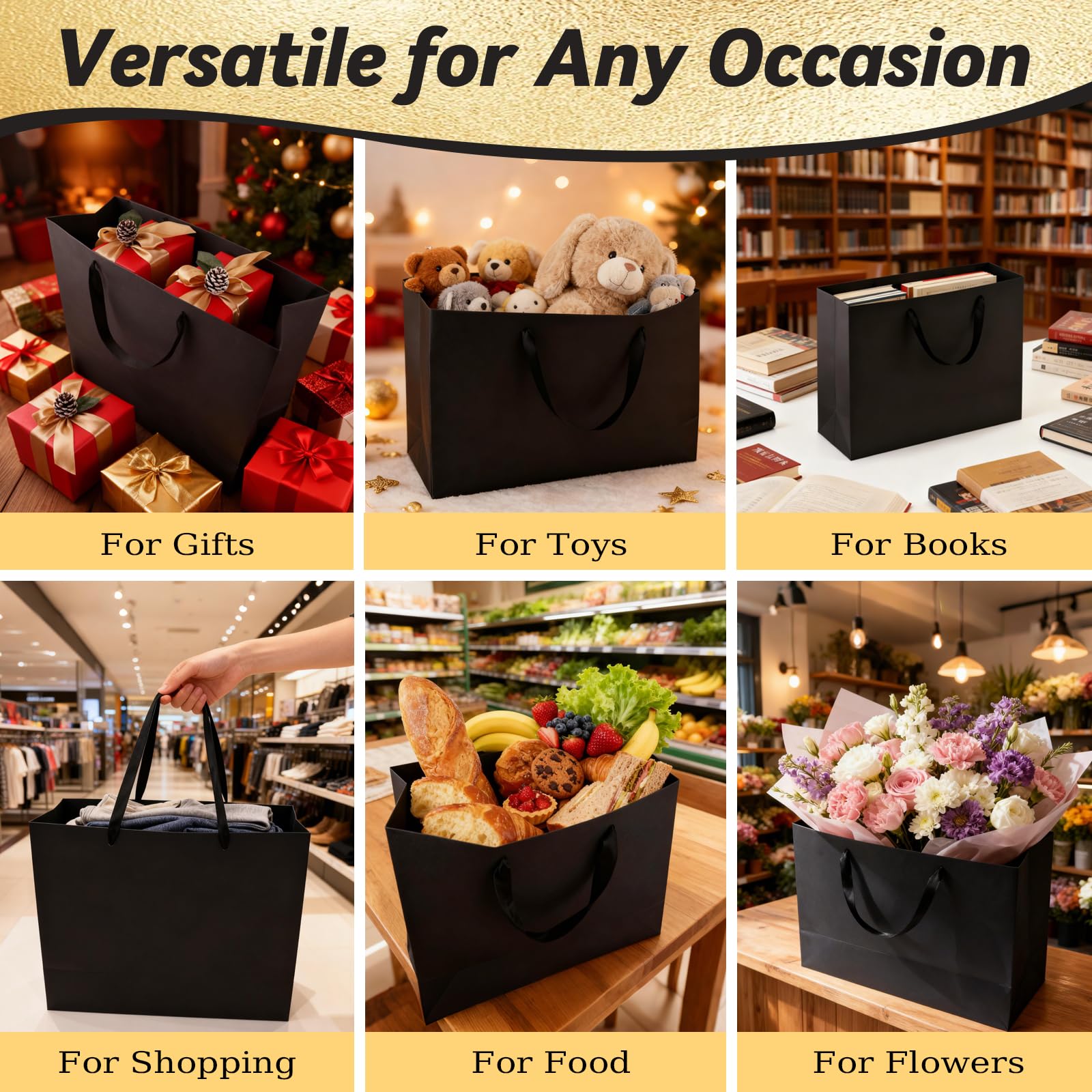 Addblu 5 Pack Large Black Gift Bags with Handles - Includes 10 Tissue Papers, 12.6x8.7x4 Inches for Men Birthday Party, Wedding, Bridesmaid, Groomsmen, Shopping Business, Christmas (Black Medium - 5Pcs)