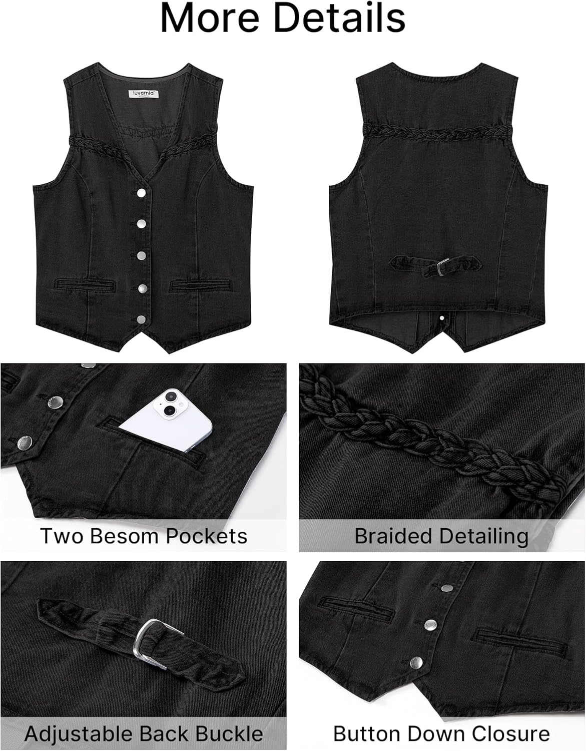 luvamia Denim Vest Women Trendy Button Down Braided Adjustable Waist Western Casual Sleeveless Jean Waistcoat Vests Top - Image 6