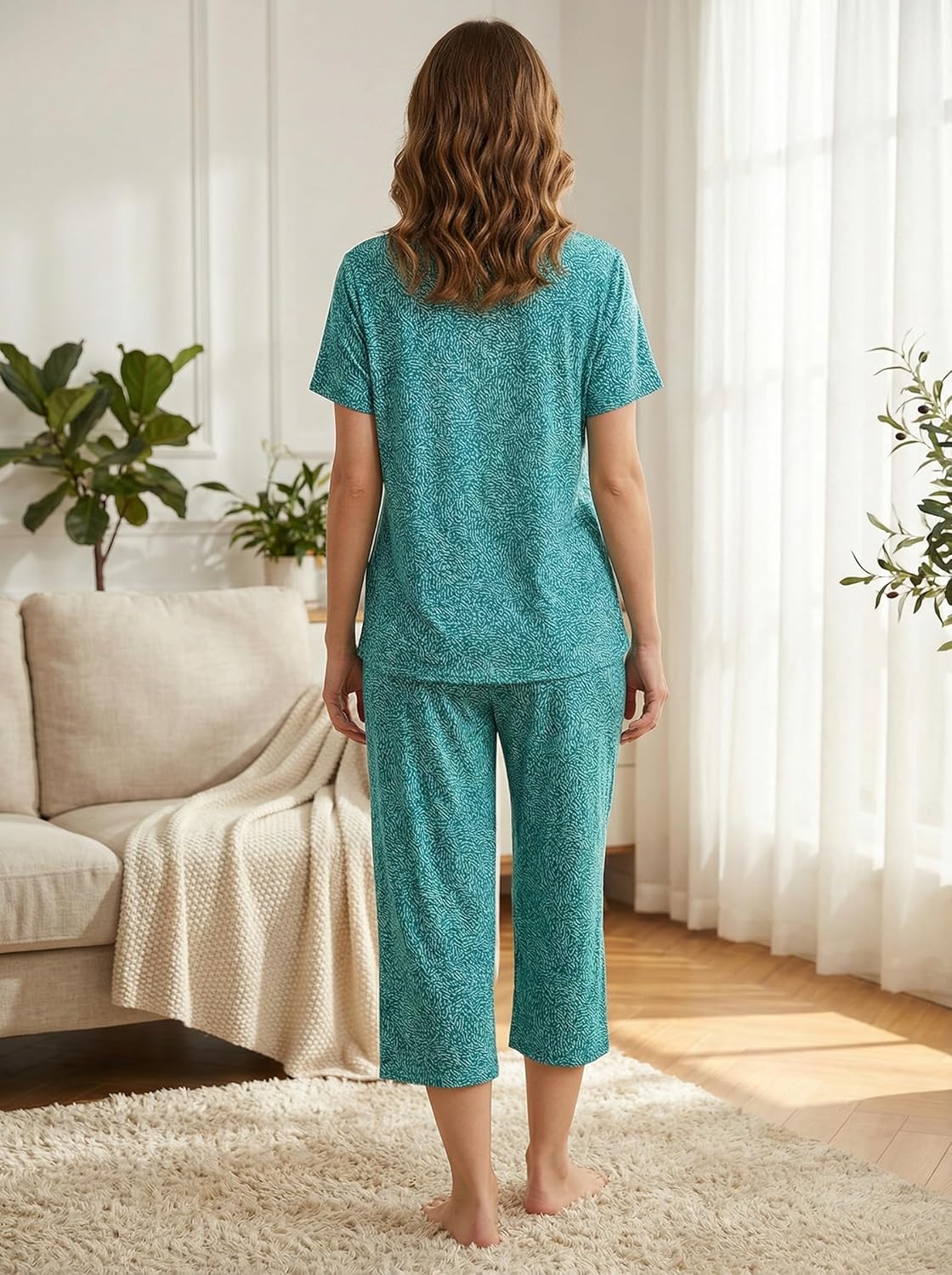 CHUNG Women Cotton Pajama Sets Sleepwear pjs Short Sleeve Shirt Capri Length Crop Pants Cute Vivid Print - Image 4