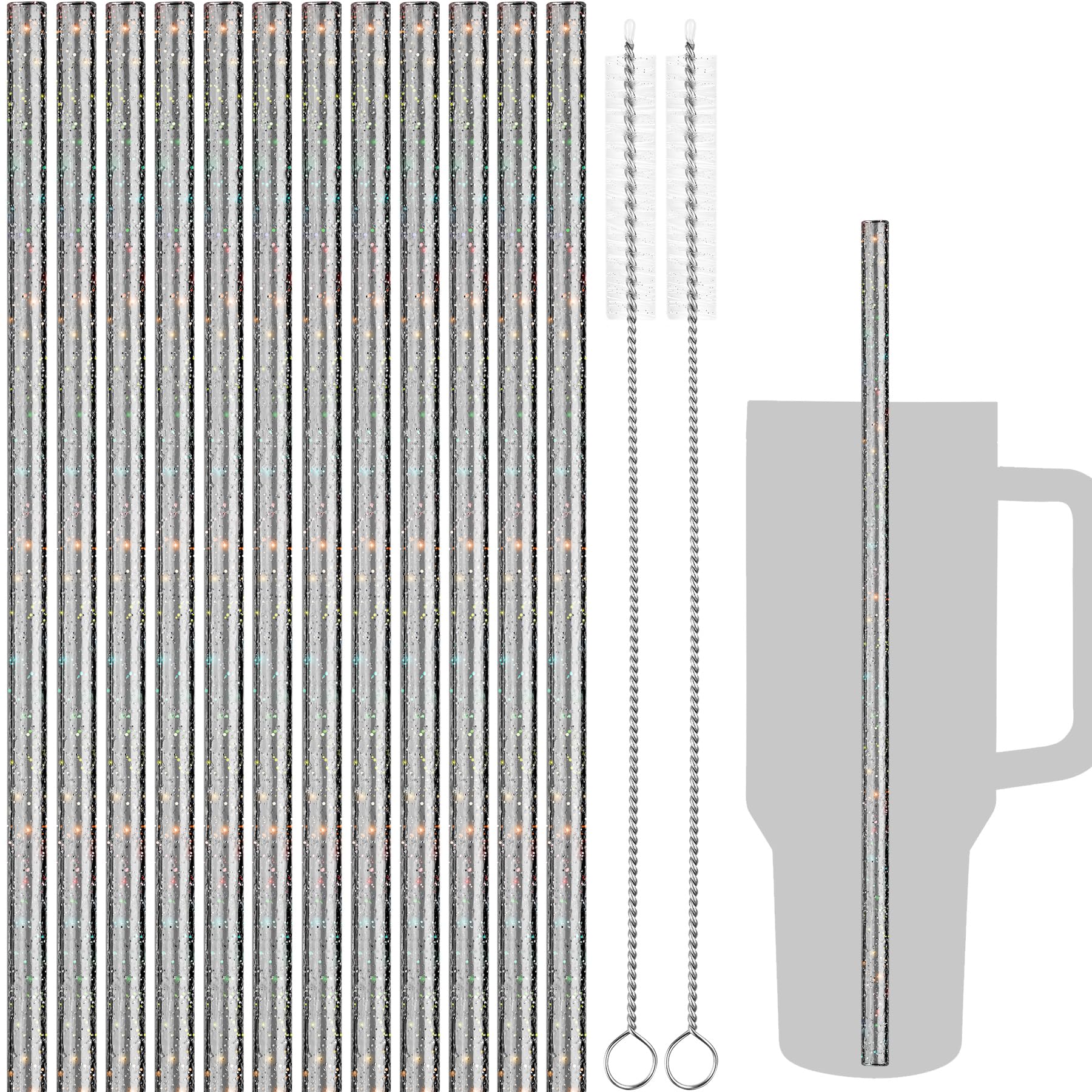 NiHome 12-Pack Glitter Replacement Straws for Stanley Tumbler 40OZ & 2 Cleaning Brushes Set
