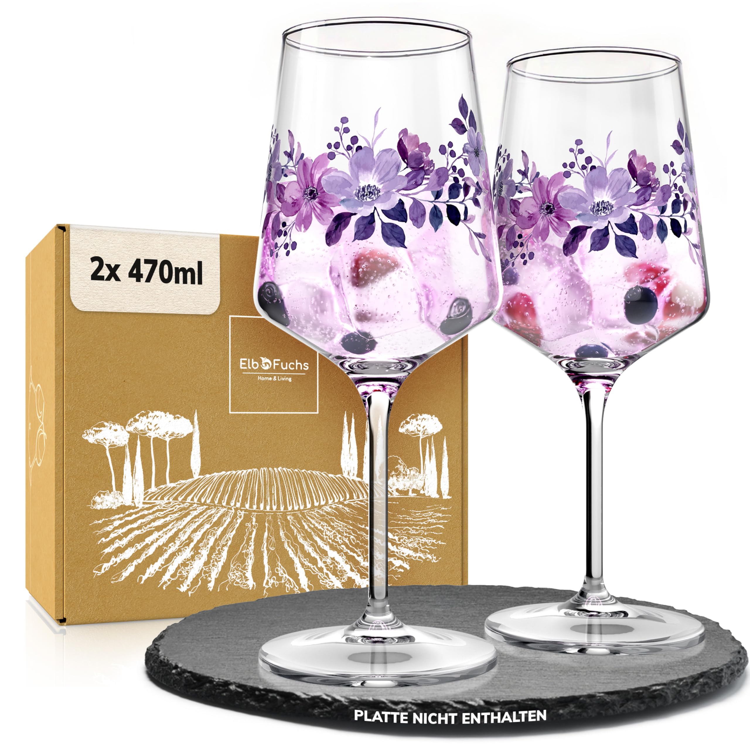 ElbFuchs® Aperitifgläser (2x470 ml) Serie Violet Veil [GESCHENKIDEE] Spülmaschinenfest & robust, Bunte Wein- und Cocktailgläser beliebt für Spritz-Getränke, Hugo, Negroni, Limoncello, u.v.m.