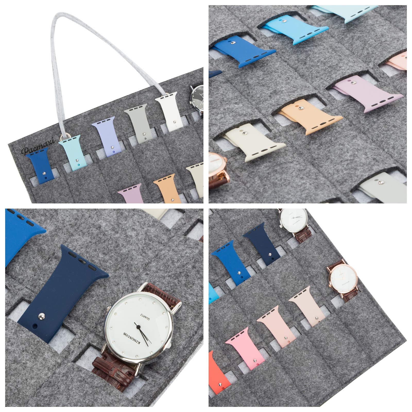 PACMAXI Coffret de rangement pour montres - 24 Fentes - Gris - Montage mural et suspendu - Poids Léger - Feutre - 31 x 46 x 2 cm