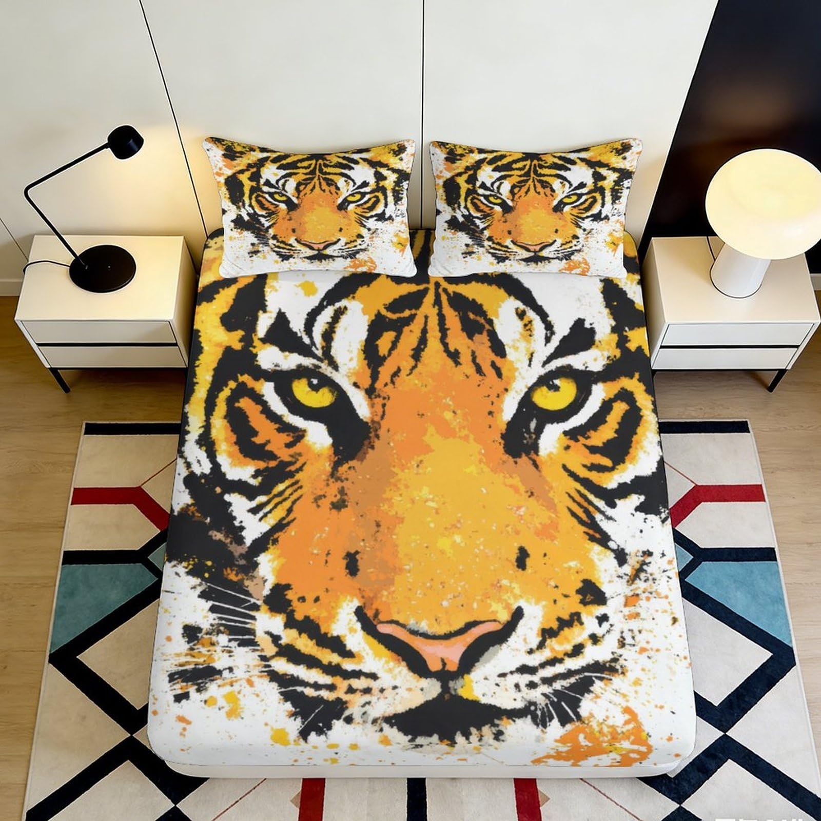 3D Printed Tiger Fitted Sheet Microfiber Deep Pocket Bedroom Set Tiger Mattress Fitted Cover Elastic Hem Washable for Adults 90x200x25cm