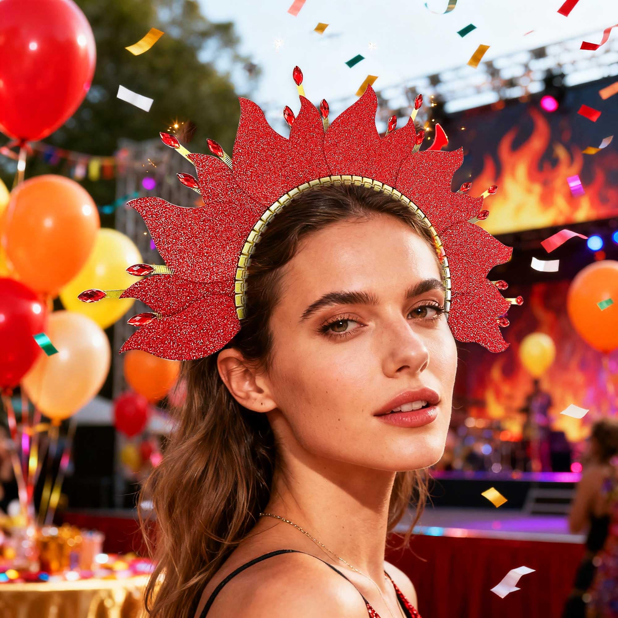 BACH AND BOUJEE Fire Flame Headpiece Sun Halo Crown Headband Carnival Accessories Headdress Mardi Gras Rave Festival for Women Costume Supplies - Image 6