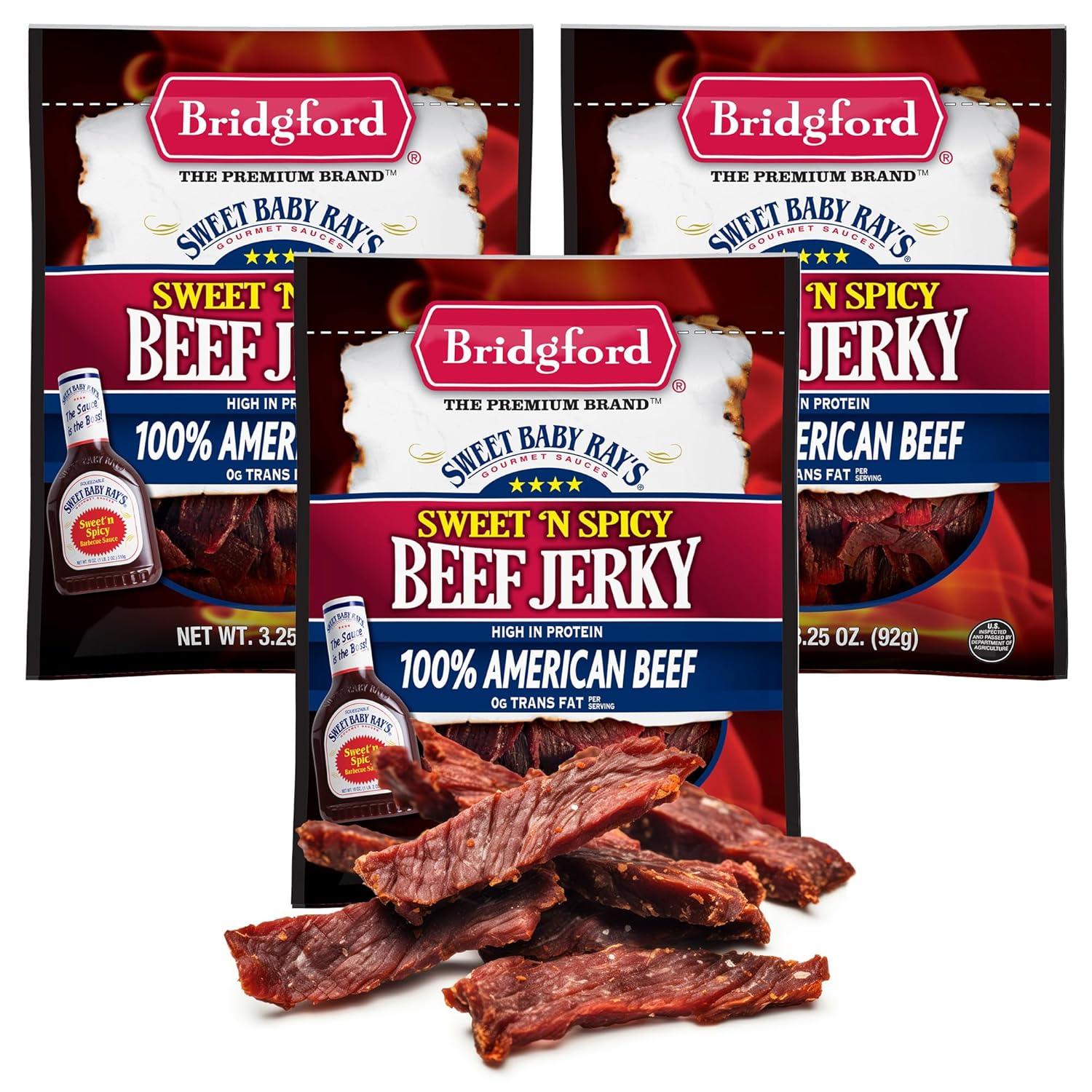 Bridgford Sweet Baby Ray's Beef Jerky Sweet N Spicy 3.25 oz Pack of 3 - High Protein Sweetened Spicy Beef Jerky for Your Dietary Preference - Ready-to-Eat Snacks for On-The-Go Snacking