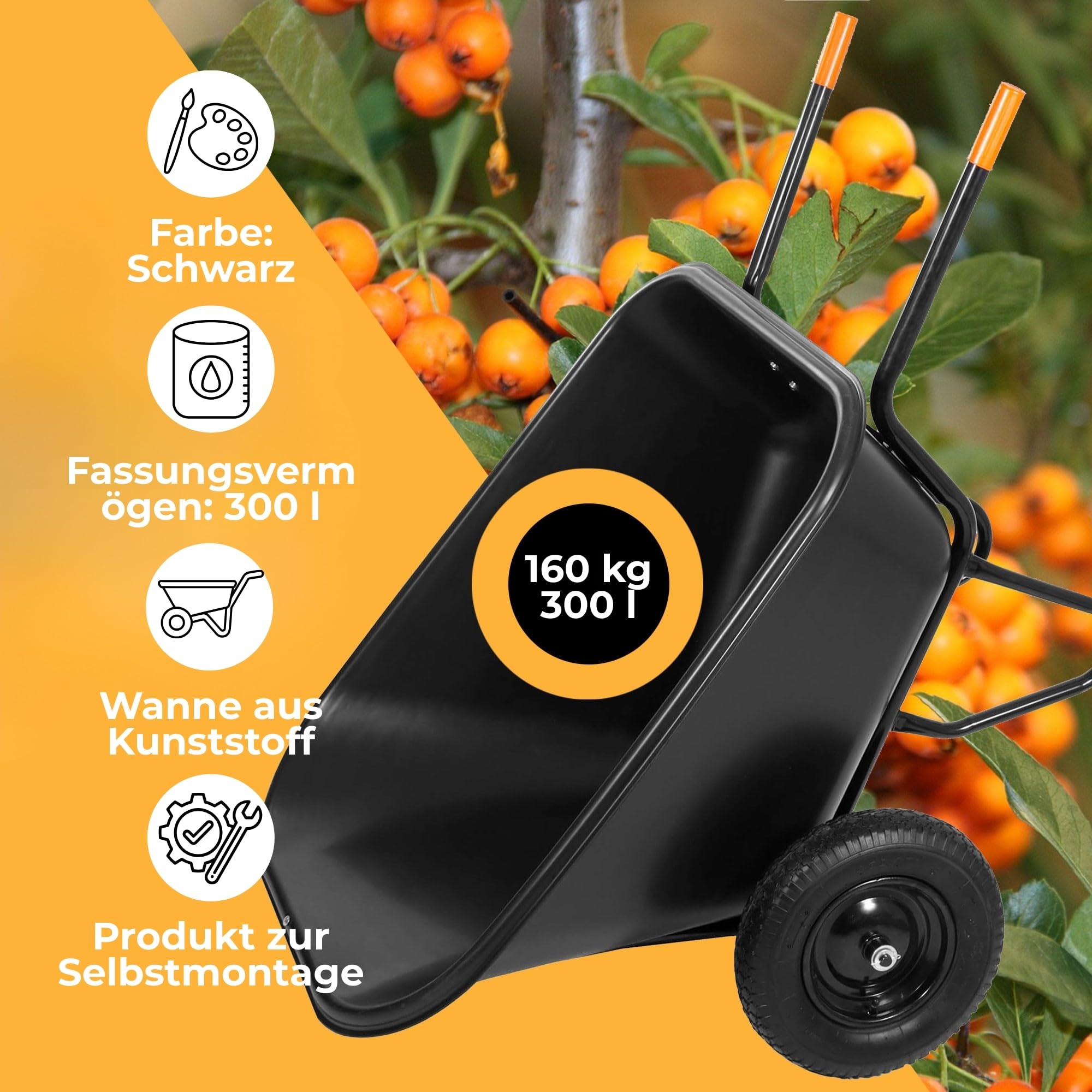 SPRINGOS Schubkarre 300 Liter Zweirad-Schubkarre Gartenschubkarre