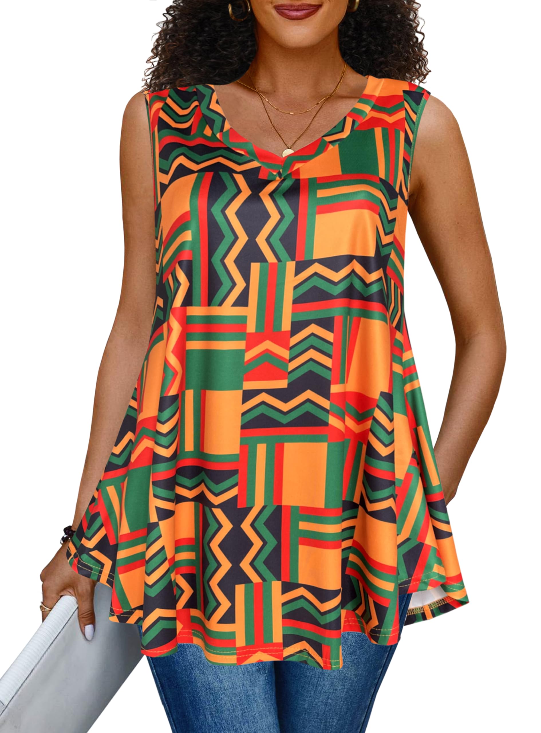 Afibi Summer Tops for Women Sleeveless V Neck Tshirt Loose Fit African Dashiki Tank Tunic Blouse