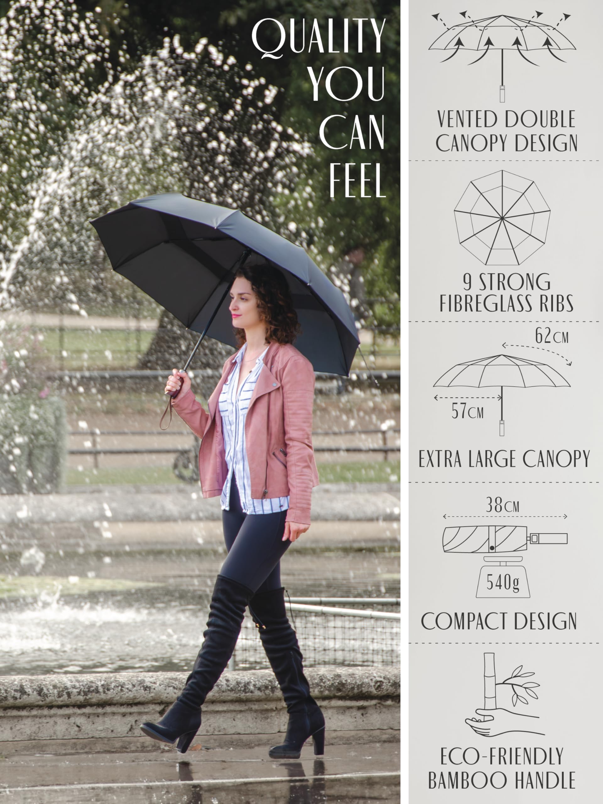 ENGLISH SUMMER Ombrello antivento di lusso per la pioggia: forte, automatico, a doppia ventilazione, pieghevole portatile, tettoia extra large, qualità con manico in vero legno