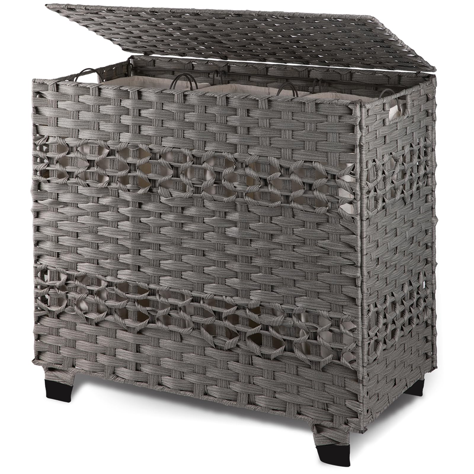 OIAHOMY Laundry Hamper with Lid, 135L Clothes Hamper with 3 Removable Liner Bags, Foldable Wicker Laundry Hamper for Bedroom, Synthetic Hamper with Lid, 27x 13 x 26 Inches, Grey