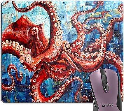 ヴィンテージ赤タコ絵画アートマウスパッド 触手と抽象的なクールな海の怪物ネイビーブルーマウスパッド Probiotic