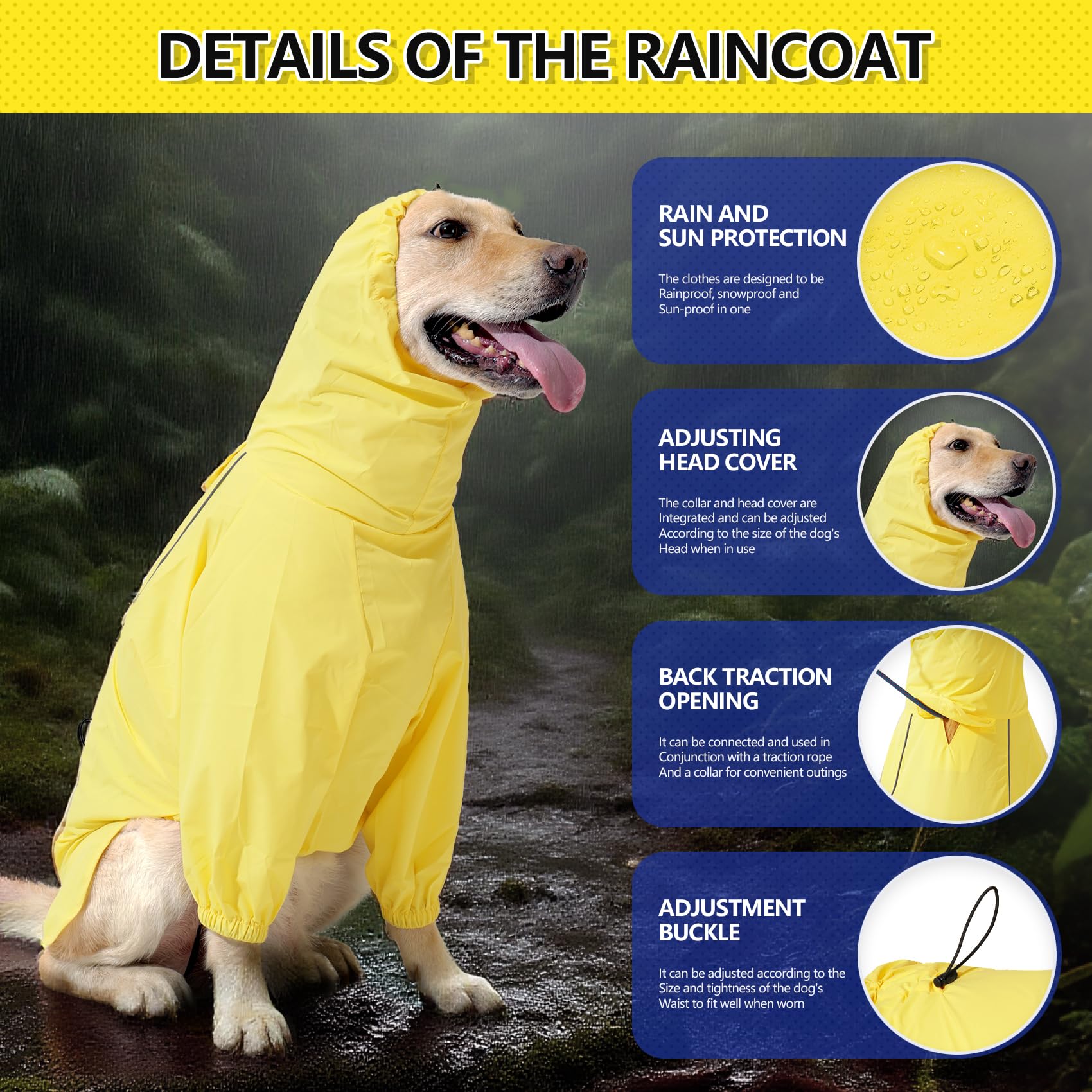 Hunde-Regenmantel mit Kapuze, wasserdicht, winddicht, verstellbar, mit Loch für die Leine und reflektierenden Trägern, leichte Welpen-Regenjacke für kleine bis große Hunde, Gelb, Größe XL