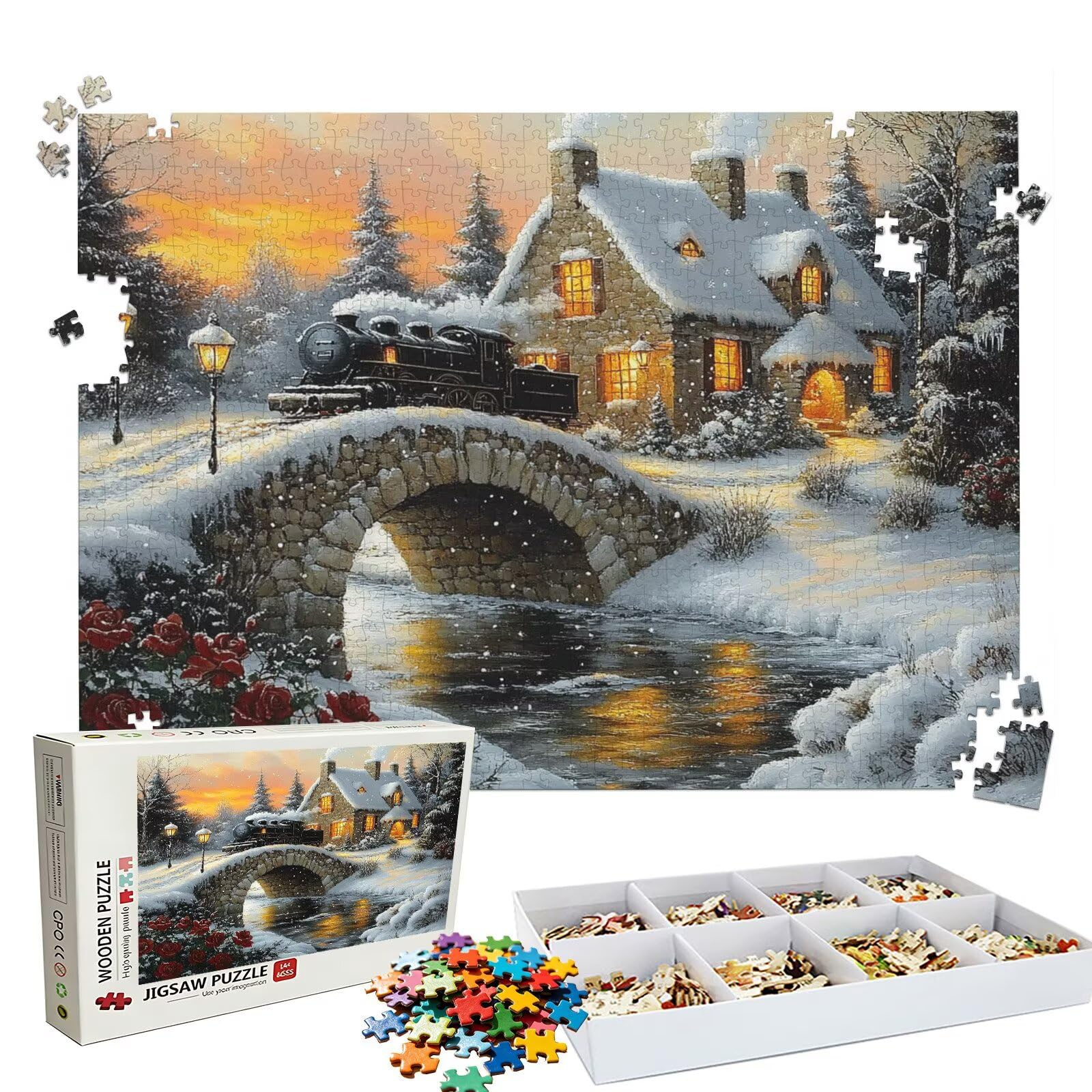 Puzzle 1000 elementów, puzzle 1000 elementów dla dorosłych, trudne puzzle, aktywność antystresowa i relaks, druk w wysokiej rozdzielczości, puzzle drewniane kabiny most z wykwintnym pudełkiem do