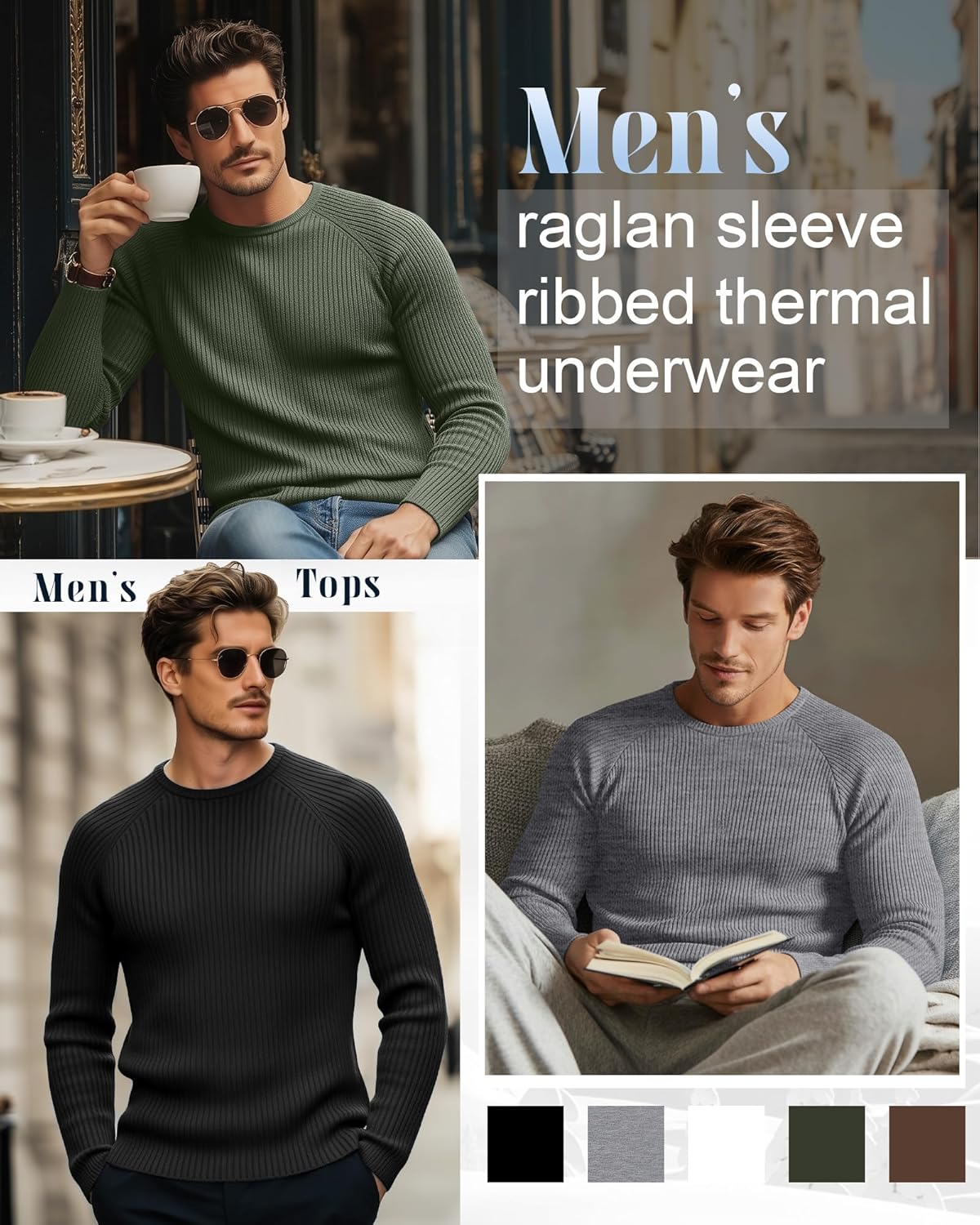 5 Pack Men's Cotton Thermal Shirts Long Sleeve Ribbed Crewneck Tops Slim Fit Underwear Winter Base Layer Multipack - Image 4
