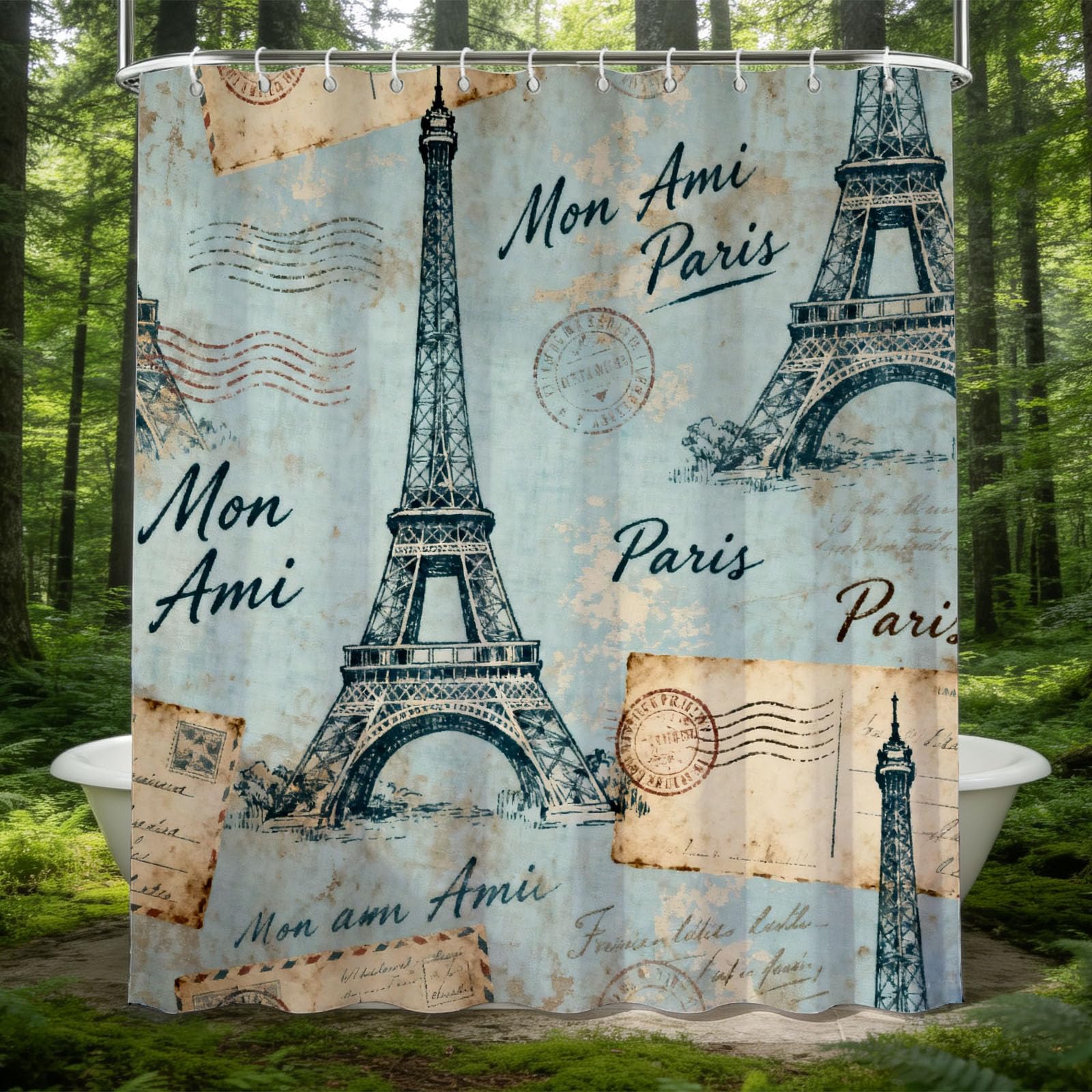 Hongduo 3D Vintage Eiffel Tower Shower Curtain for Stalls Bathtubs Shabby Chic Bathroom Decor Shower Curtain Set Polyester Fabric Waterproof 180x180cm/71X71 Inch with Hooks