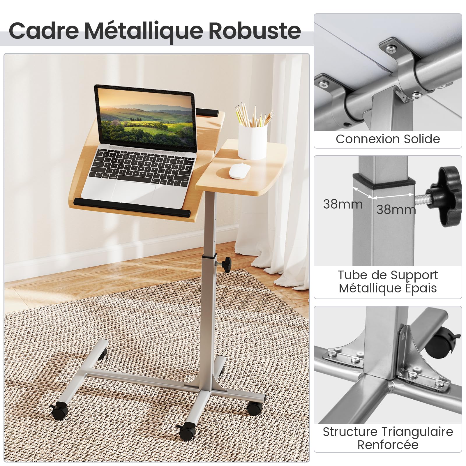 GYMAX Bureau Debout d'Ordinateur Portable, Tablette Inclinable, Hauteur Réglable 61-91cm, Bureau en Forme de C pour Lit Canapé, Gain de Place, pour Hôpital, Salon, Chambre