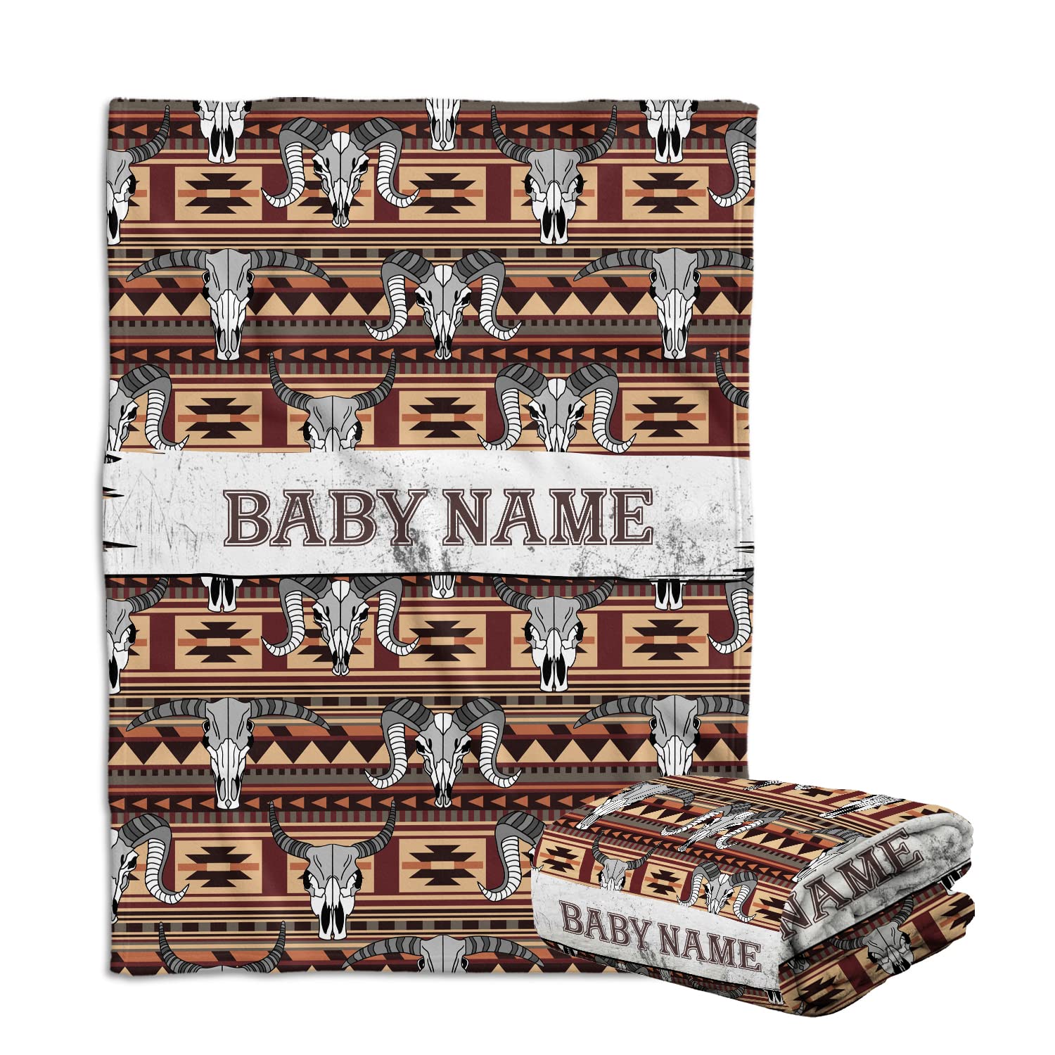 Cowboy Baby Blankets, Personalized Baby Blankets for Boys, Baby Western Blanket for Baby Boys Girl, Skull Longhorn Custom Baby Blankets Name, Tribal Pattern Fleece Blankets for Infant Newborn