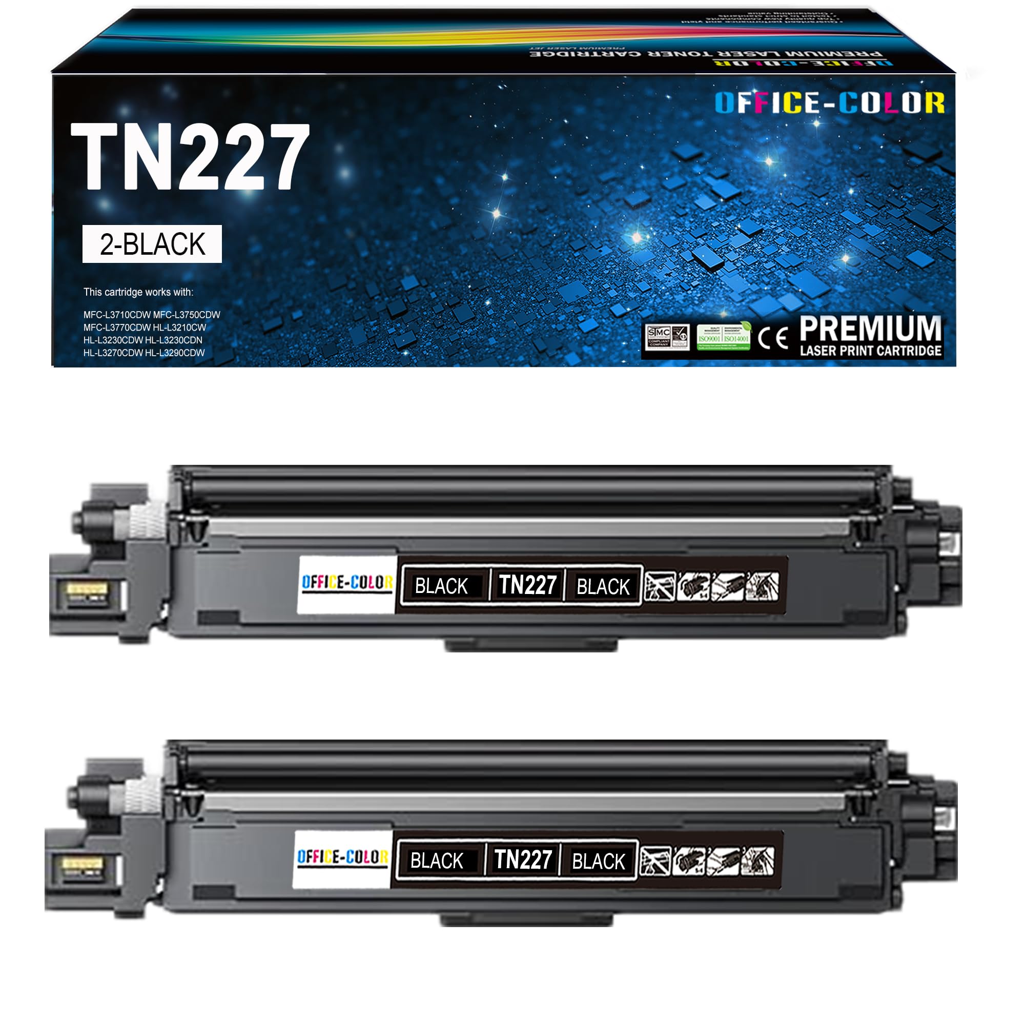 TN227 Black High Yield Toner Cartridge for Brother TN227BK, 2-Pack