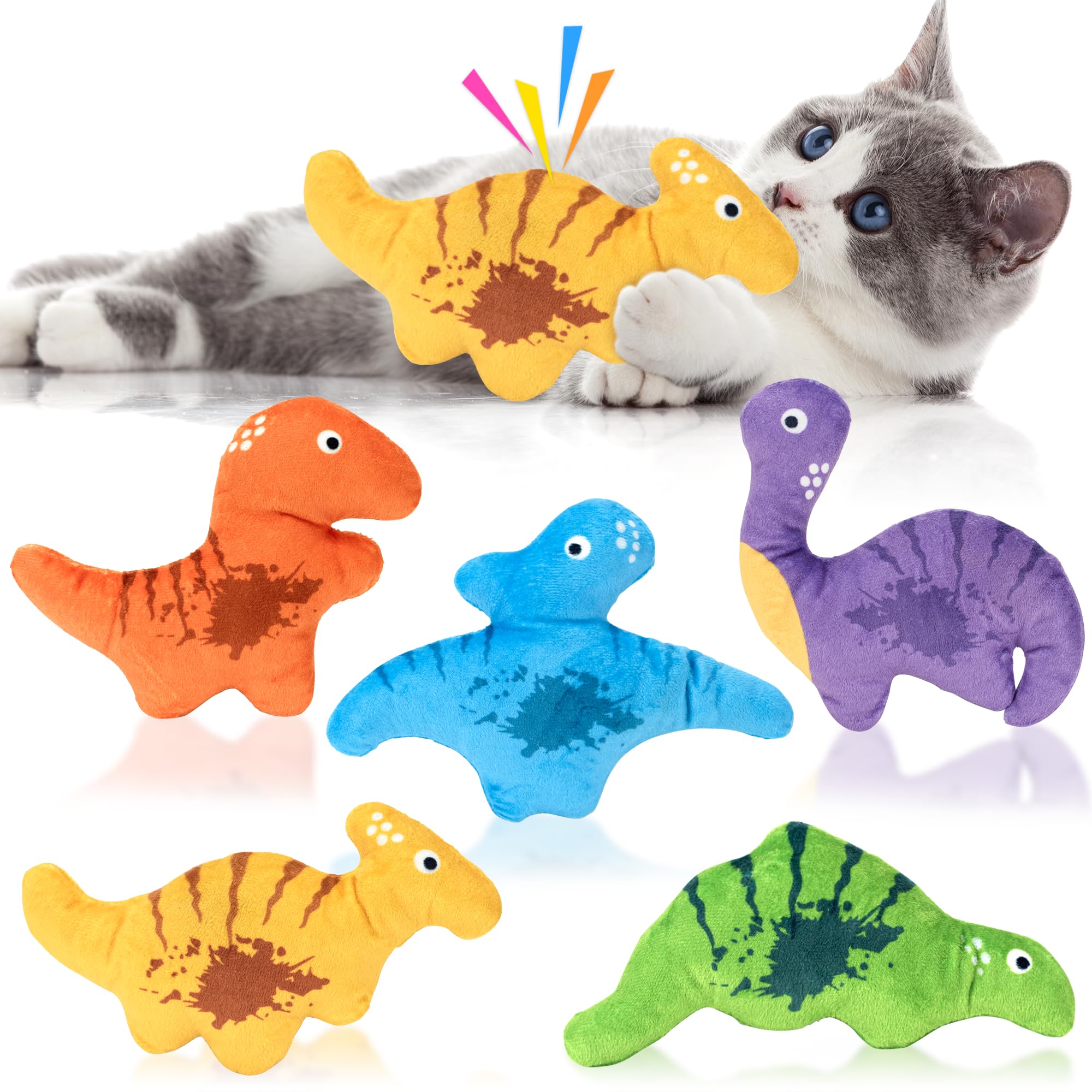 Ousiya Catnip Cat Toys, 5Pcs Dinosaur Catnip Toys for Cat, Catnip Crinkle Sound, Soft and Durable, Interactive Kitten Kicker for Indoor Kitty for All Breeds