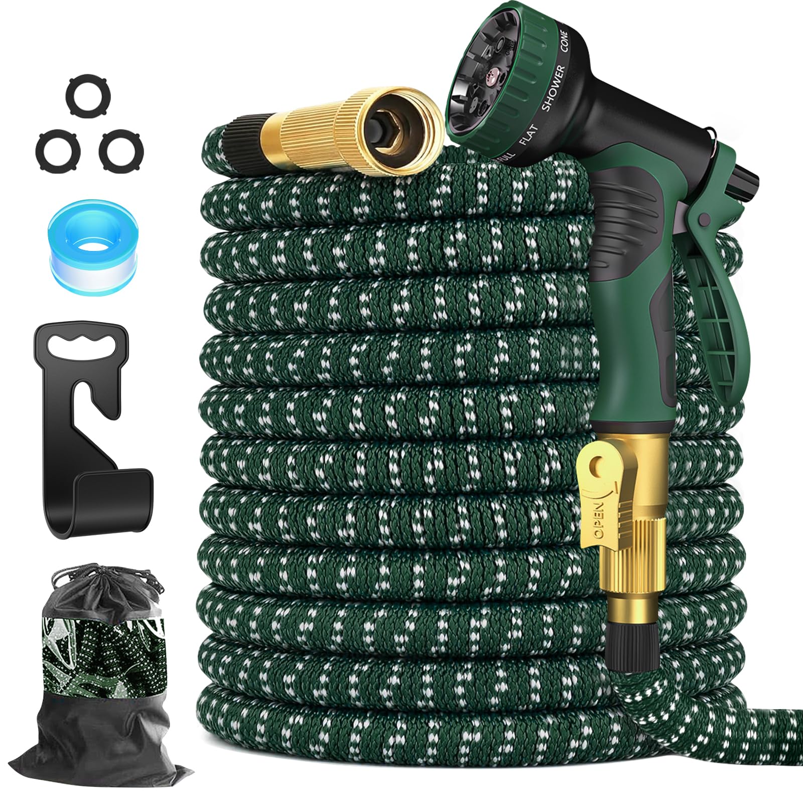 100ft Expandable Garden Hose with 10 Function Spray Nozzle, Water Flexible Hose 100 feet, Crafted with 3/4" Solid Brass Fittings, 3750D Extra-strength Fabric with Storage Bag, Lightweight