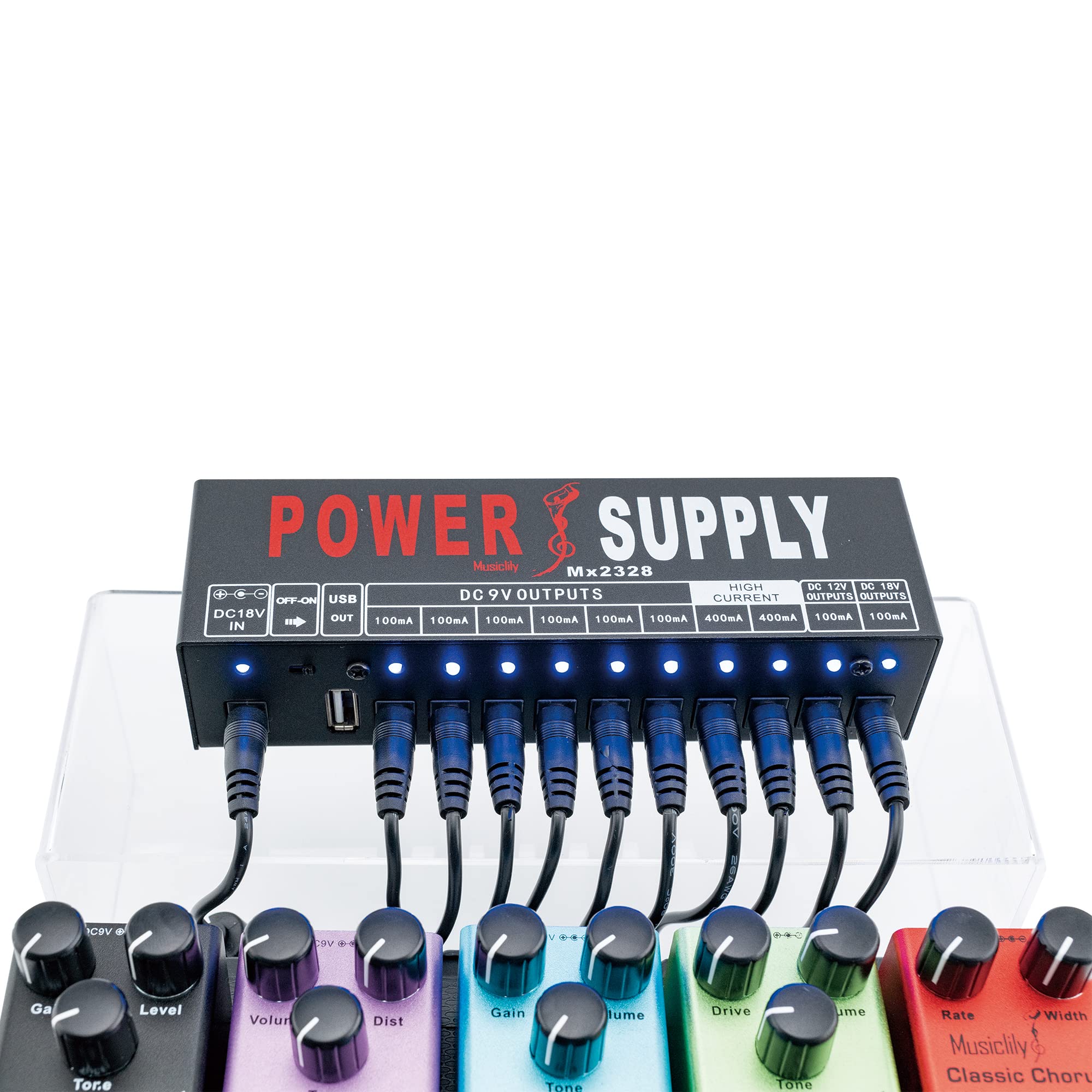 Musiclily Pro Gitarren Netzteil Power Supply 10 Way Isoliert DC Output mit USB-Port und EU Standard Adapter für 9V / 12V / 18V Effektpedal
