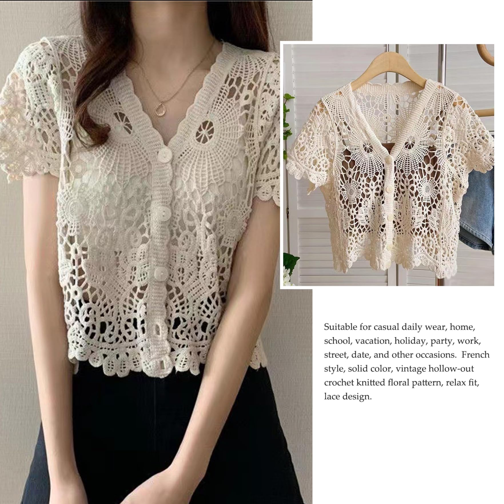 Cárdigan de Encaje para Mujer, cárdigan de Encaje Blanco Ahuecado de Manga Corta con Cuello en V, Encogimiento de Hombros de Ganchillo con Botones para Verano, Talla única, decoración