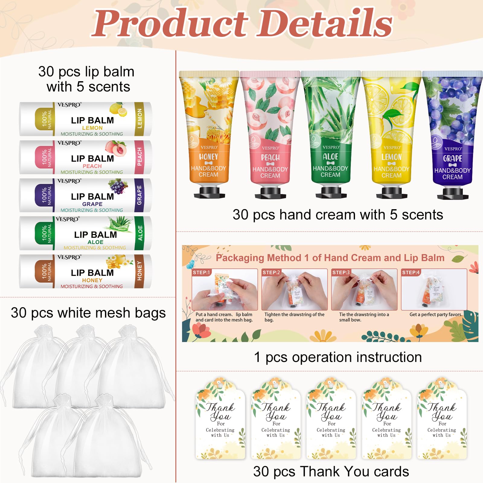 VESPRO - 30 Sets lose Hände Lotion und Lippenbalsam, Geschenke zum Befüllen von Weihnachtsstrümpfen und Junggesellinnenabschieden