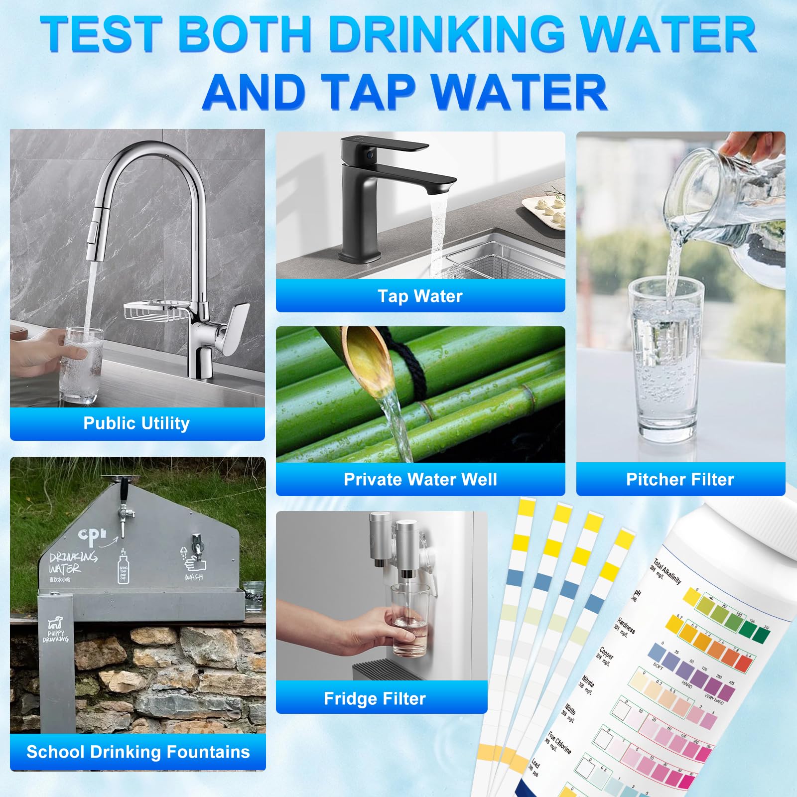 Kits de prueba de agua para agua potable, kit de prueba de agua potable 8 en 1, tiras de prueba de agua de pozo y grifo para el hogar para dureza, tiras de prueba de plomo para alcalinidad, pH, cobre