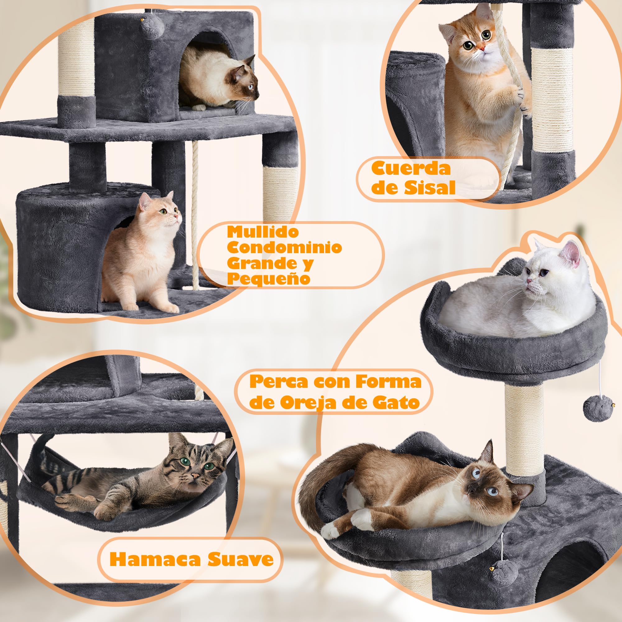 Yaheetech Rascador para Gatos de 158 cm Grande Arbol para Gatos Adultos Torre de Gatos Casita Juego para Mascota Gris Oscuro