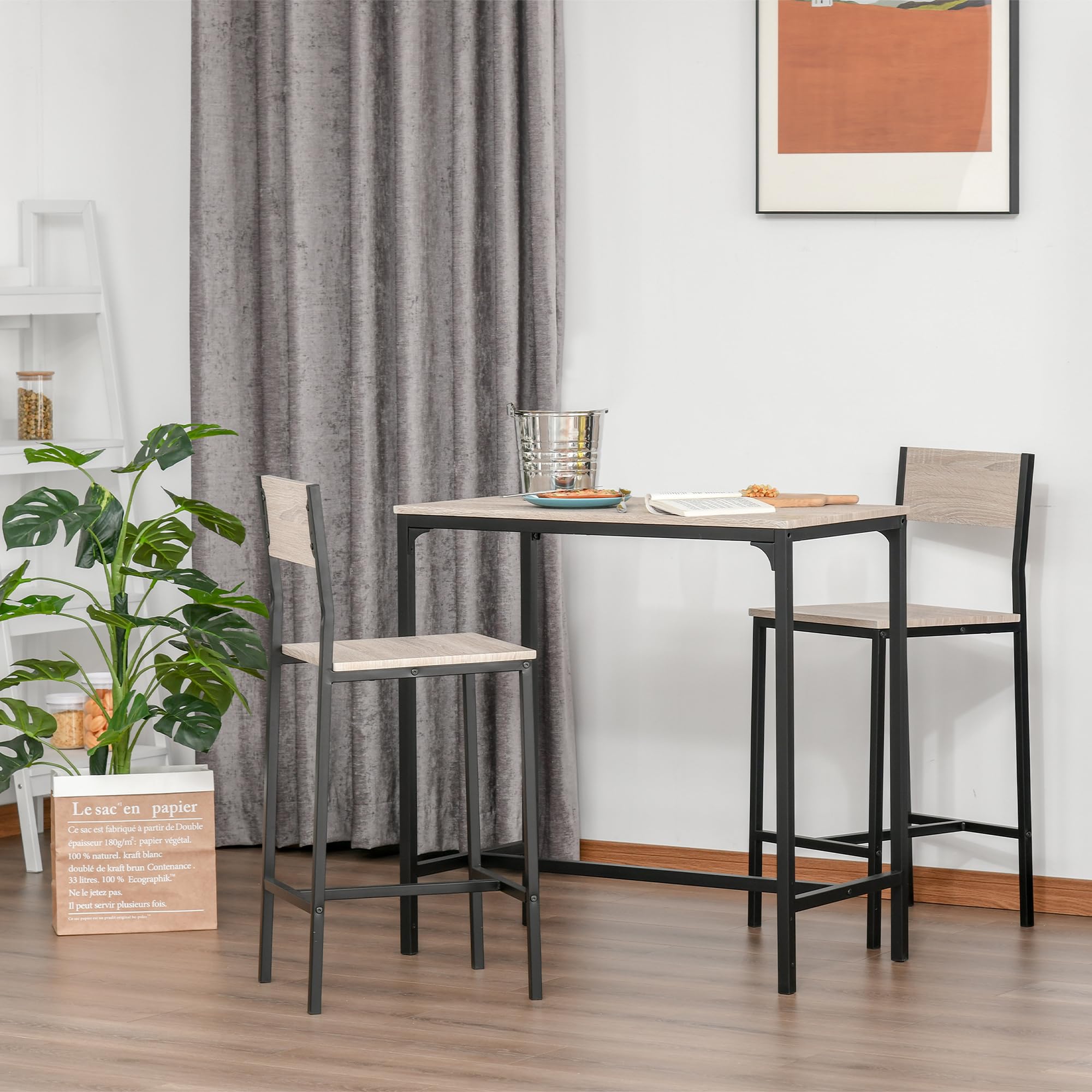 HOMCOM Conjunto Mesa Alta de Cocina con 2 Taburetes, Mesa de Bar Alta, Ahorro de Espacio, para Pisos Pequeños, Comedor, Balcón o Isla Cocina, Estilo Industrial, 89x45x87 cm, Natural y Negro