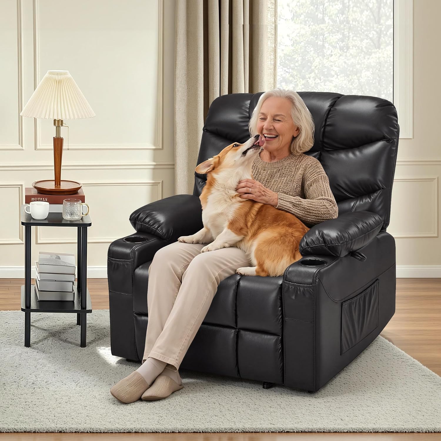 MCombo Oversized Power Lift Recliner Chair with Extended Footrest, Extra Wide for Big and Tall Elderly People, Faux Leather R7289 (Black, Medium-Oversize)