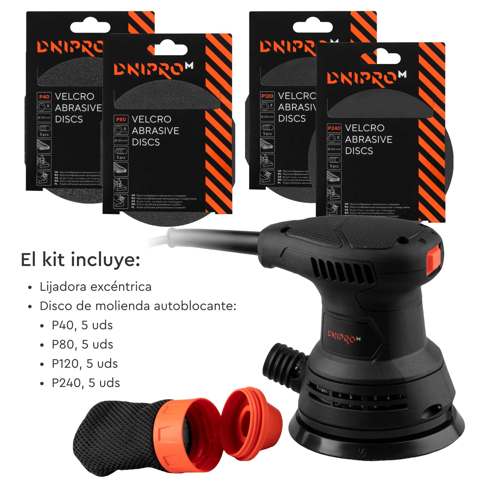 Lijadora Orbital Dnipro-M PE-29S 290W 125mm, con 20 Discos Incluidos
