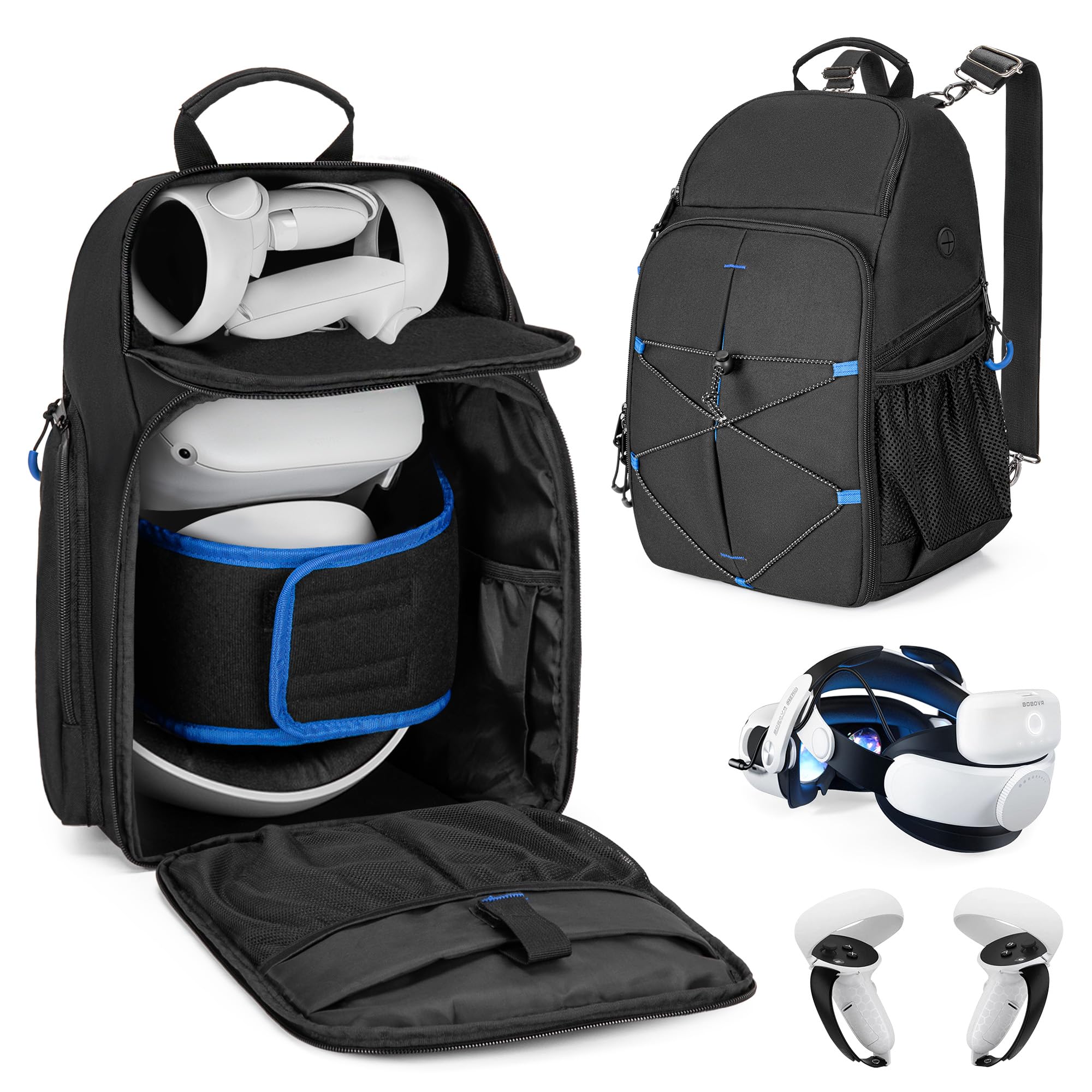 PGmoon Torba do Przenoszenia Kompatybilna z Meta Quest 2/3/Pro, Elite Strap, PSVR2 - Plecak Ochronny z Pojedynczym Pomieszczeniem do Stacji Ładującej (Patent Design), Czarny, Pas