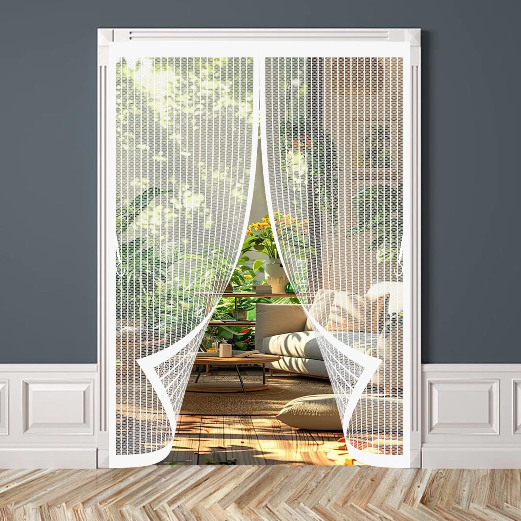 Xueqxue White Magnetic Door Curtains Fly Screen 88 X 216 Cm With Powerful Magnets & Full Frame Magic Tape No Gap, Lets Fresh Air In, Keep Bugs Out Heavy Duty Fly Curtains For Patio Doors Balcony,