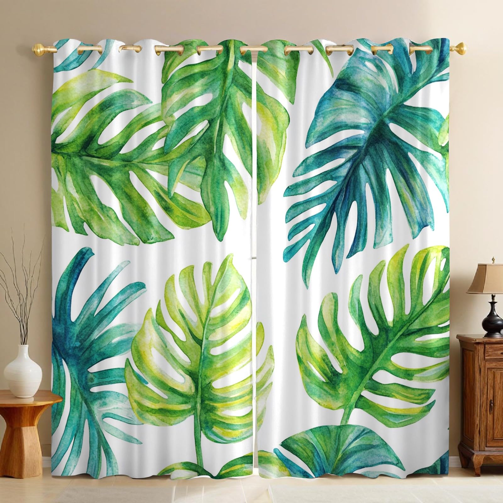 Rideaux occultants thermiques contre le froid et le bruit, motif plantes tropicales vertes