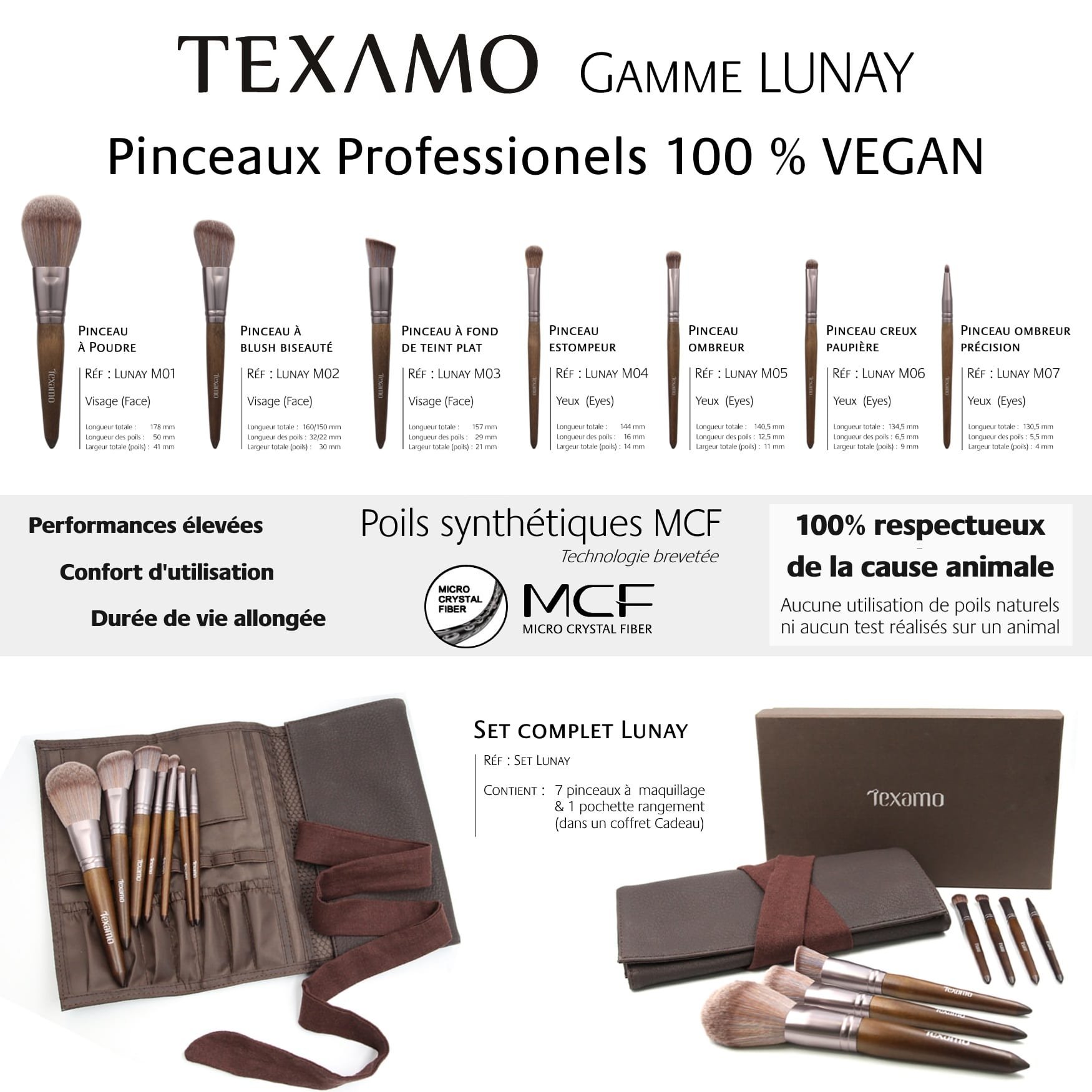 Estuche de 7 brochas de maquillaje Texamo Lunay con cerdas MCF, uso profesional Végan