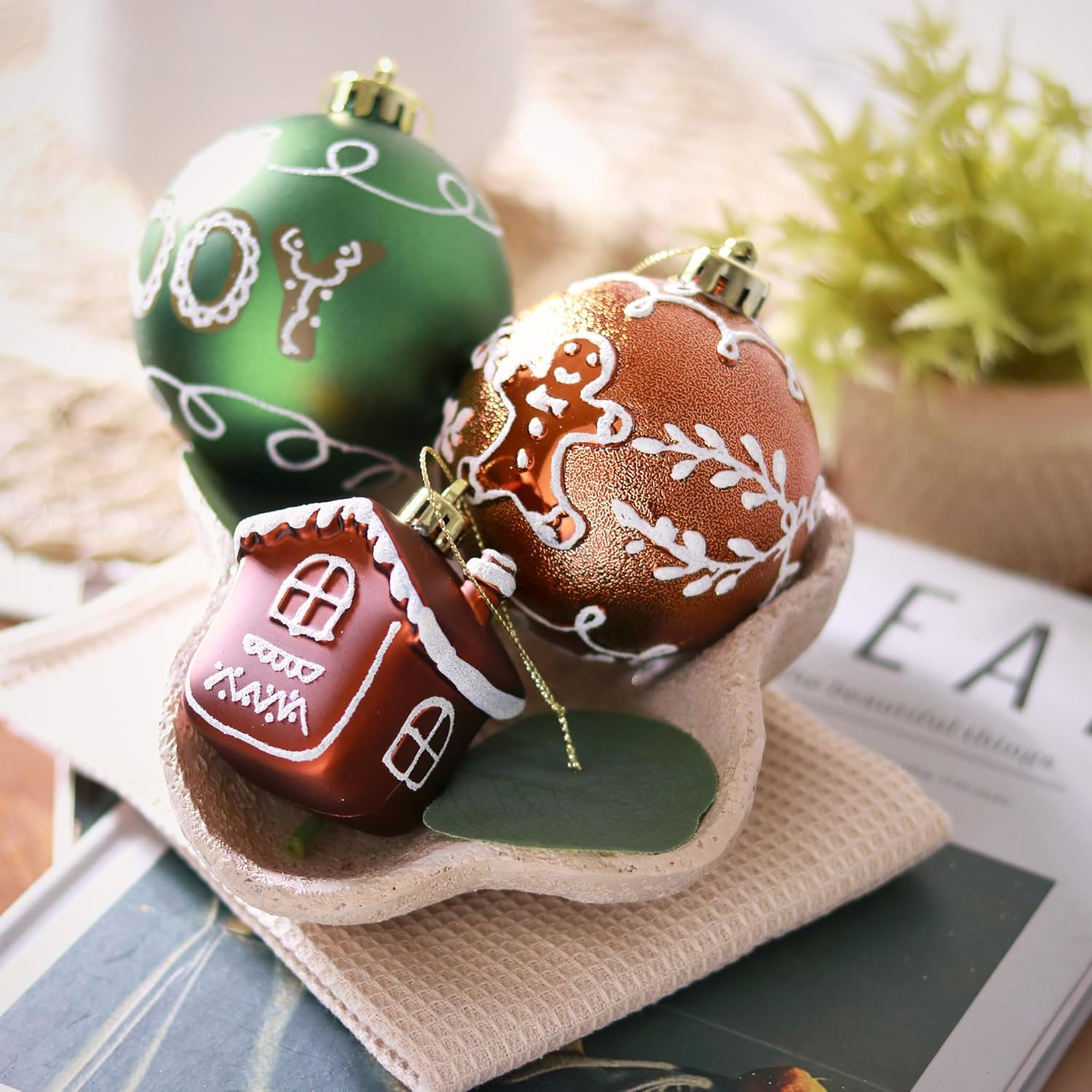 DecorbyHannah Gingerbread Christmas Ornaments Set, 60ct Shatterproof Red Green Gold Christmas Ornaments for Xmas Tree, Assorted Decorative Hanging Plastic Ball Bulk for Xmas Home Party Decor