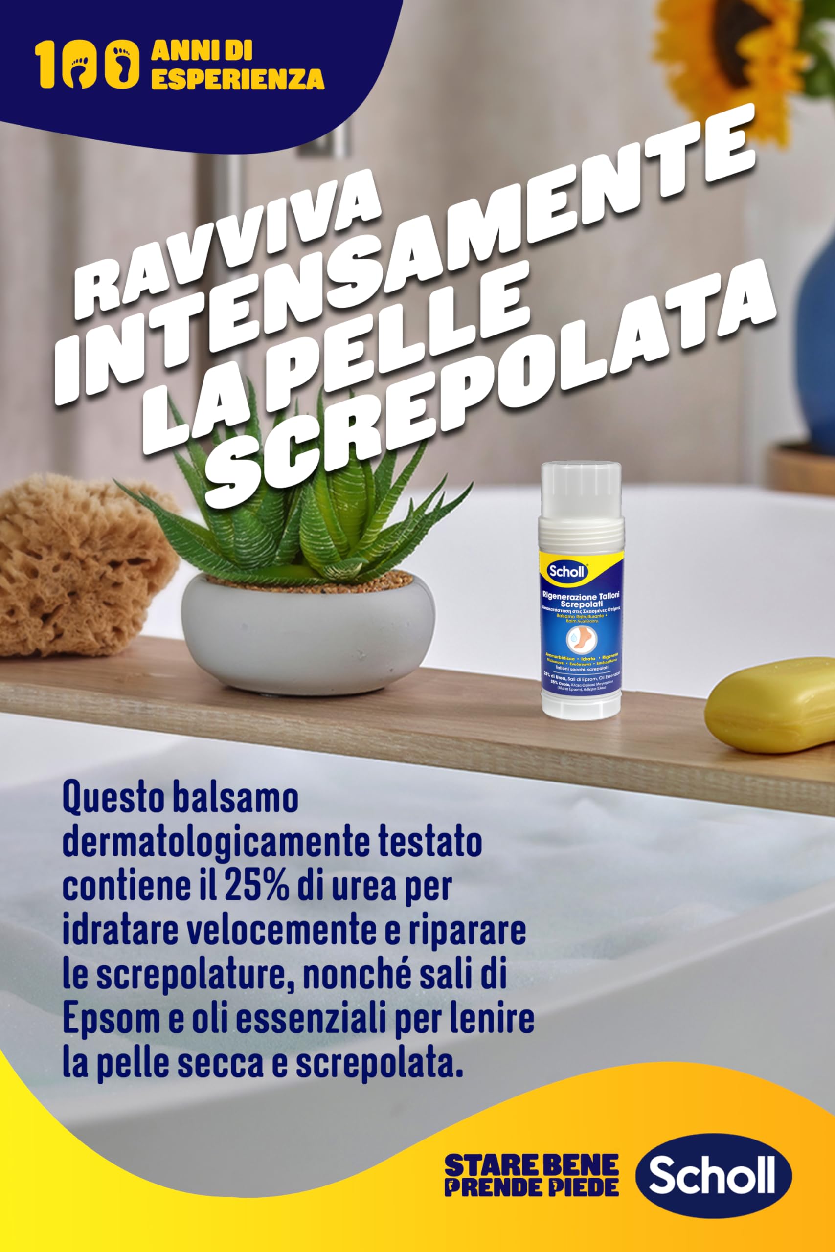 Scholl Balsamo Stick Riparatore per Talloni Screpolati, Ammorbidisce, Idrata e Ripara i Piedi Secchi e Screpolati con il 25% di Urea, Sali di Epsom e Oli Essenziali, Senza Bisogno di Usare le Mani