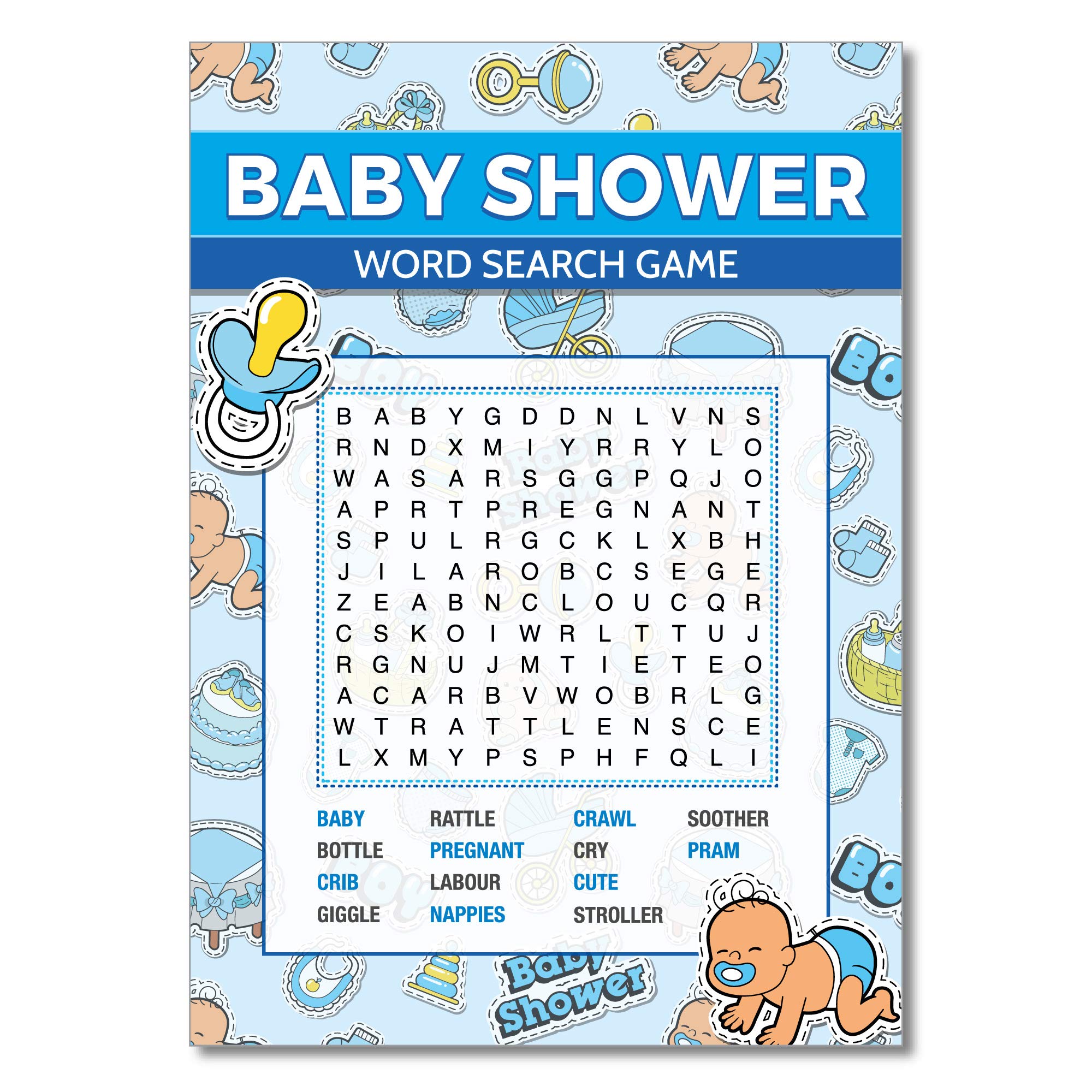 Baby Shower Word Search Blue Cartoon Style Party Game Cards a6 Cards Qty 16
