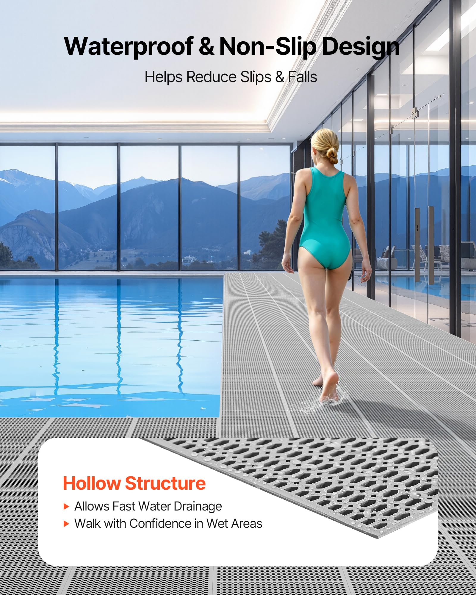 VEVOR Tapis de Drainage Antidérapant 90x1500 cm, Caillebotis Piscine en PVC, Revêtement de Sol pour Zones Humides Restaurant Piscine Terrasse Salle de Bain, Tapis Antifatigue Drainant en Rouleau, Gris